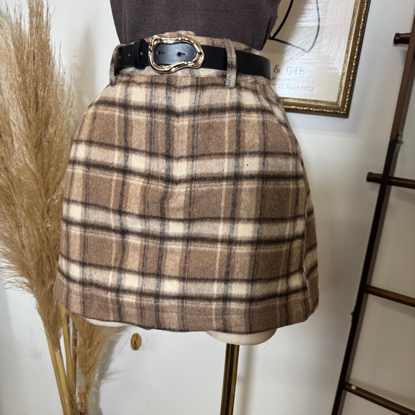 Brushed Plaid Mini Skirt-Khaki/Cream