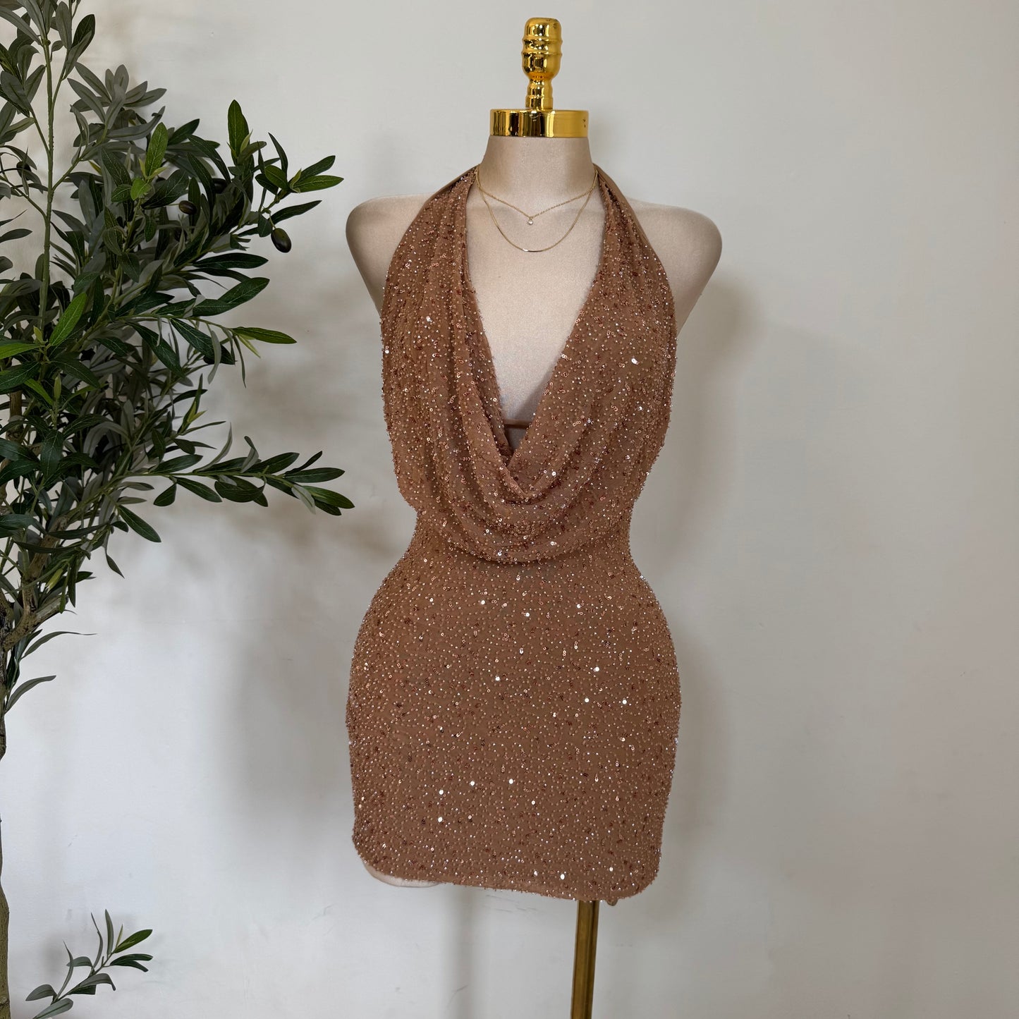 Cowl Sequins Dress-Mocha