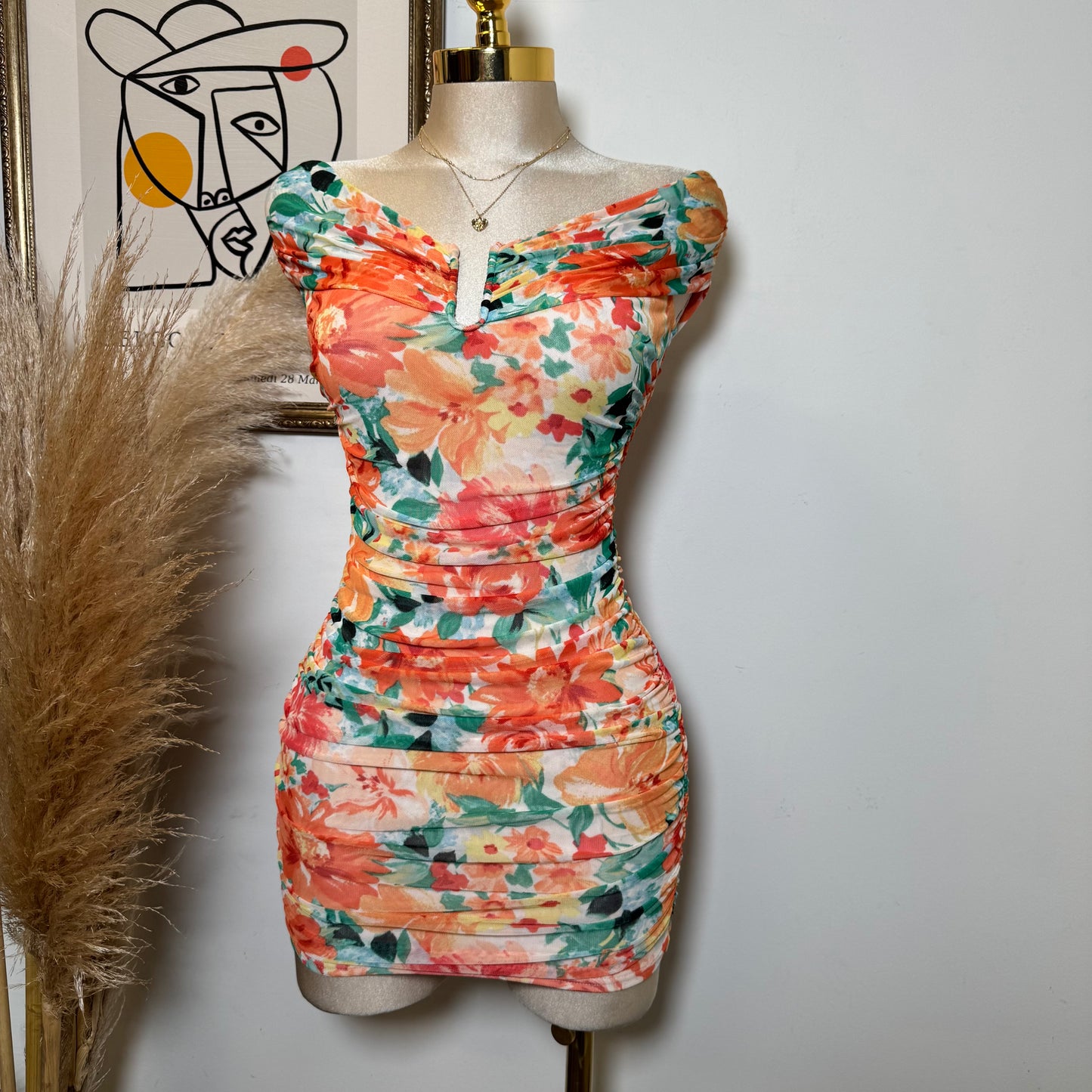 Off Shoulder Wire Inset Ruching -Orange
