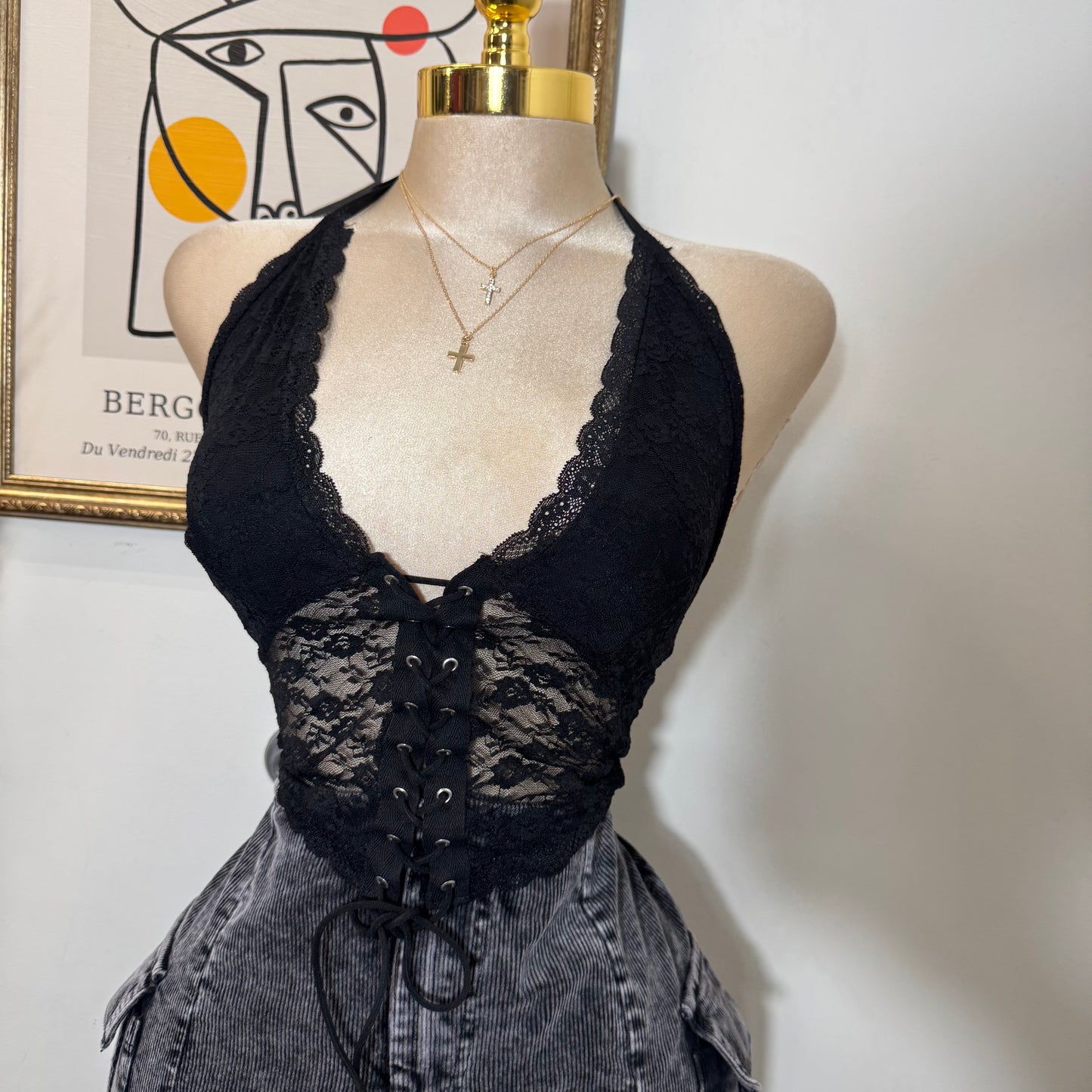 Lace Vencha w Front Lace Up Halter Top -Black