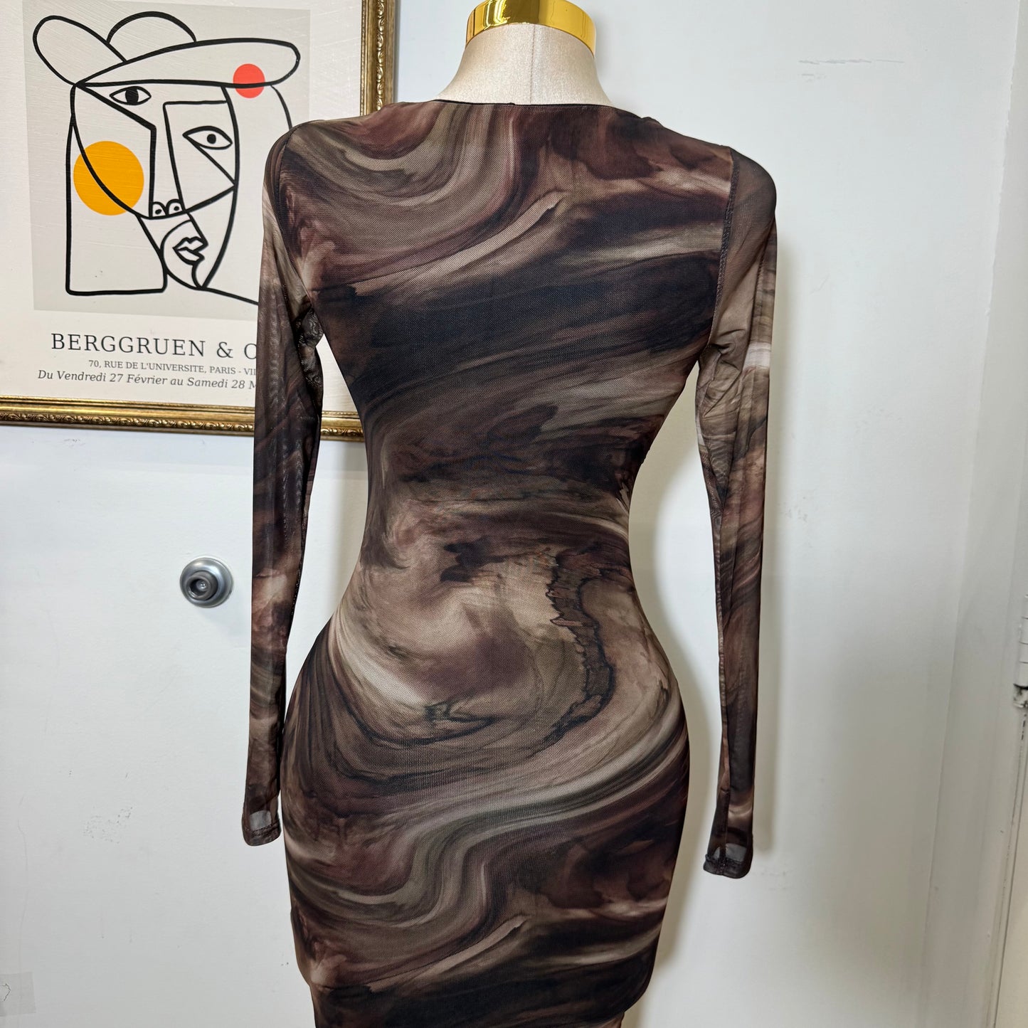 Marble Print Mesh Midi Dress