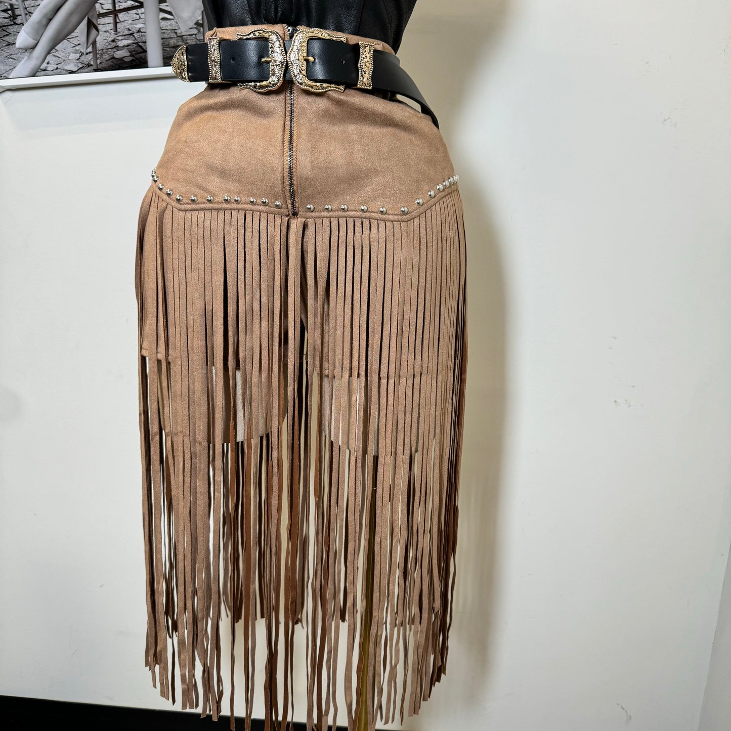 Fringe Stud Suede Shorts-Tan