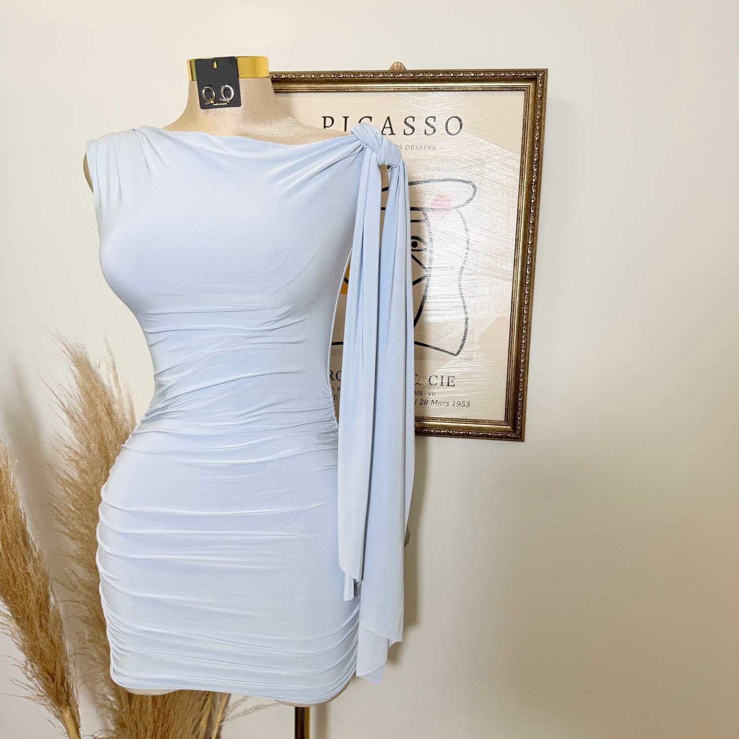 Off Shoulder Ruched Side Tie Mini Dress-Blue