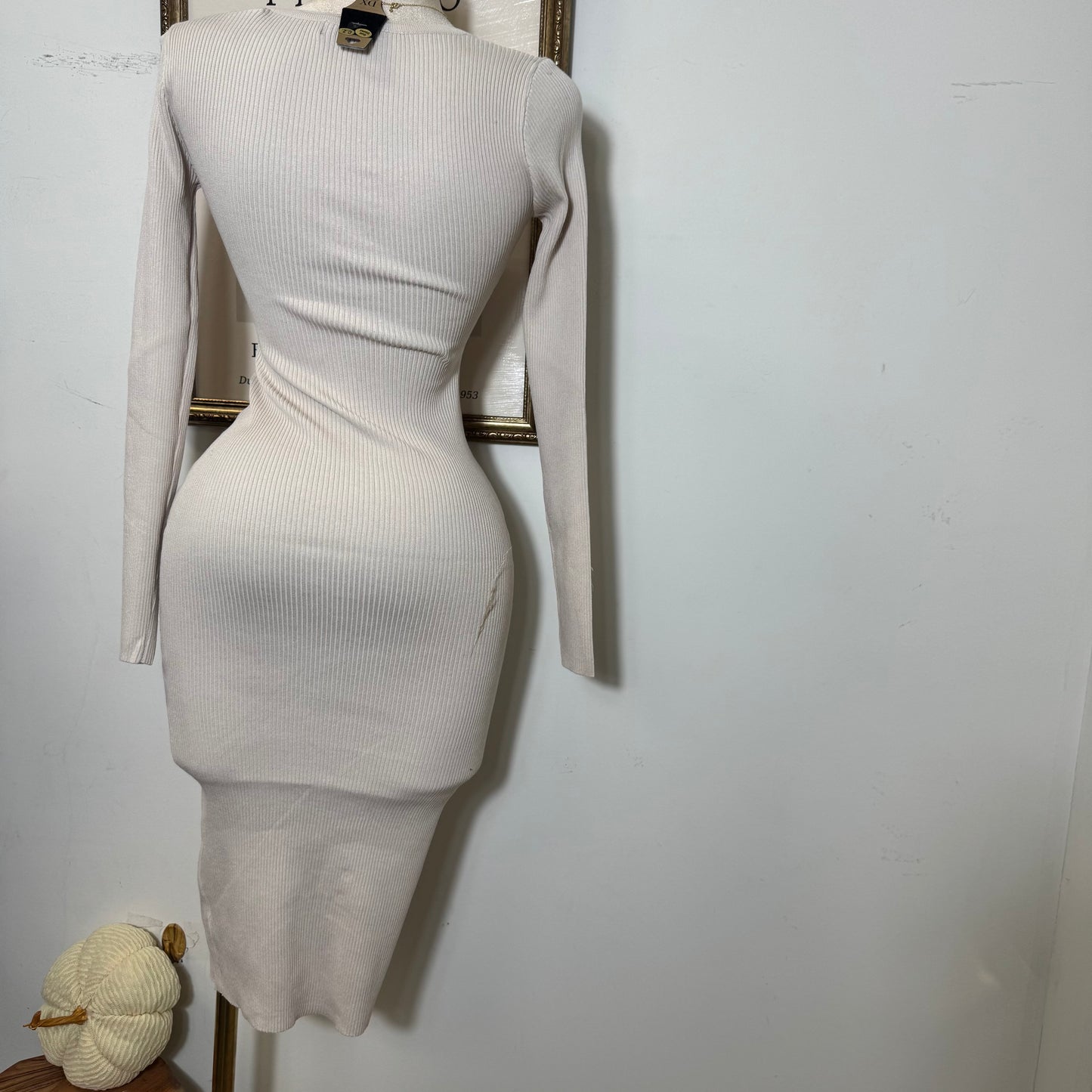 Henly Sweater Knit Long Sleeve Midi Dress-Cream