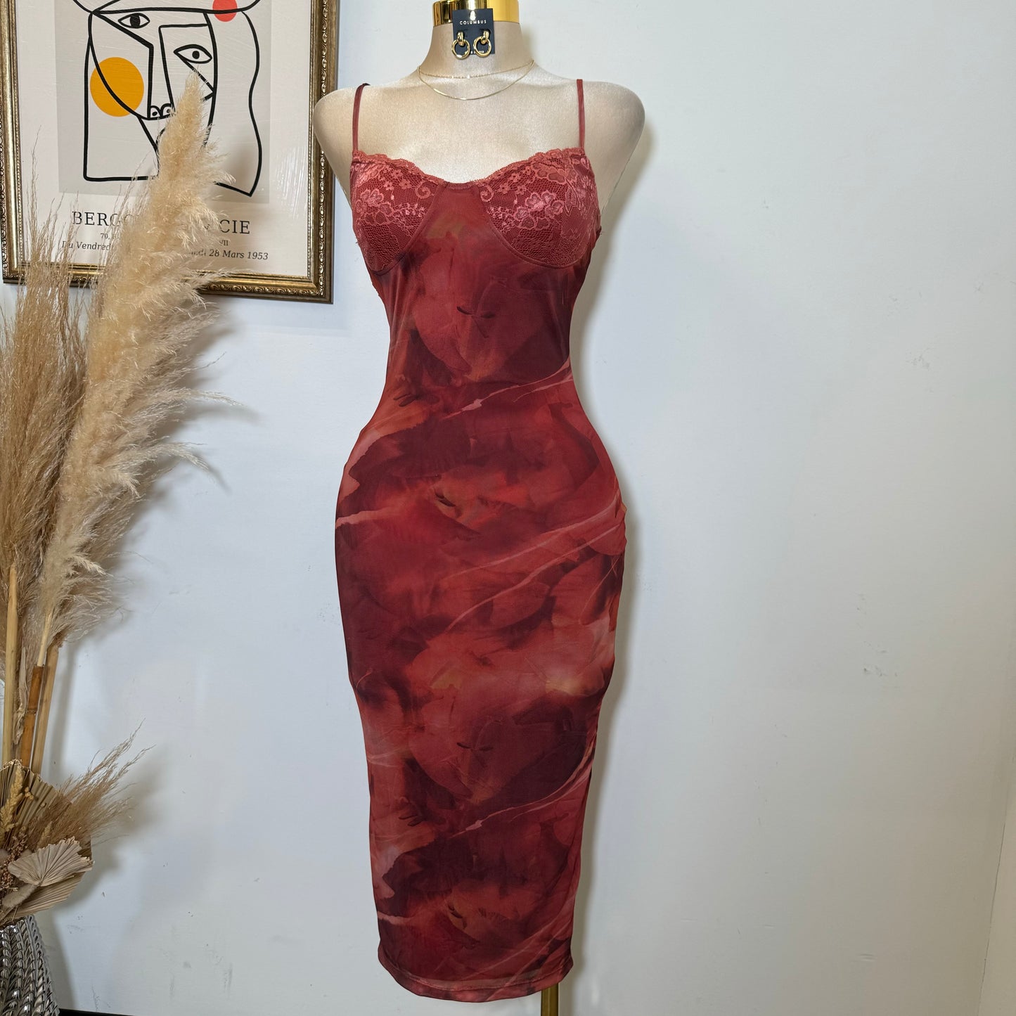Mesh Spaghetti Dress-Multi Red