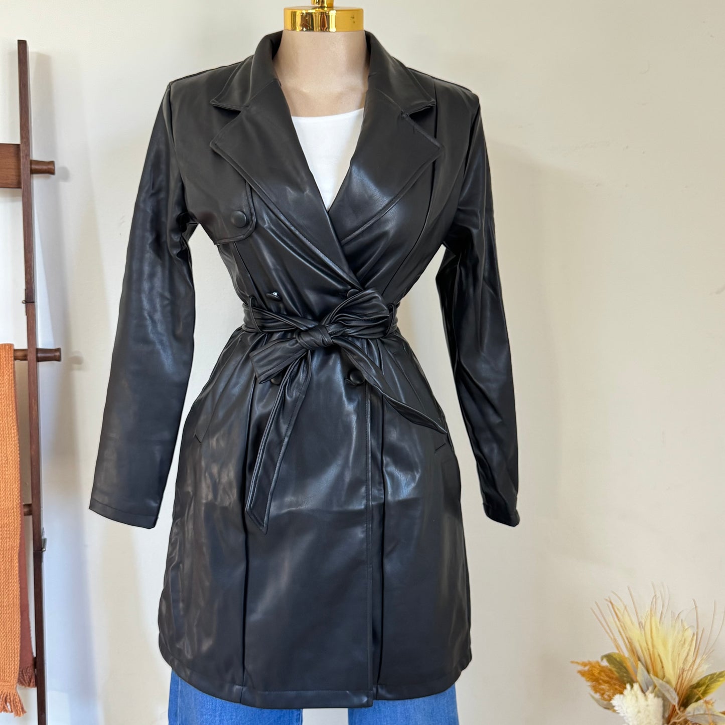 PU double Breasted Belted Trench Coat-Black