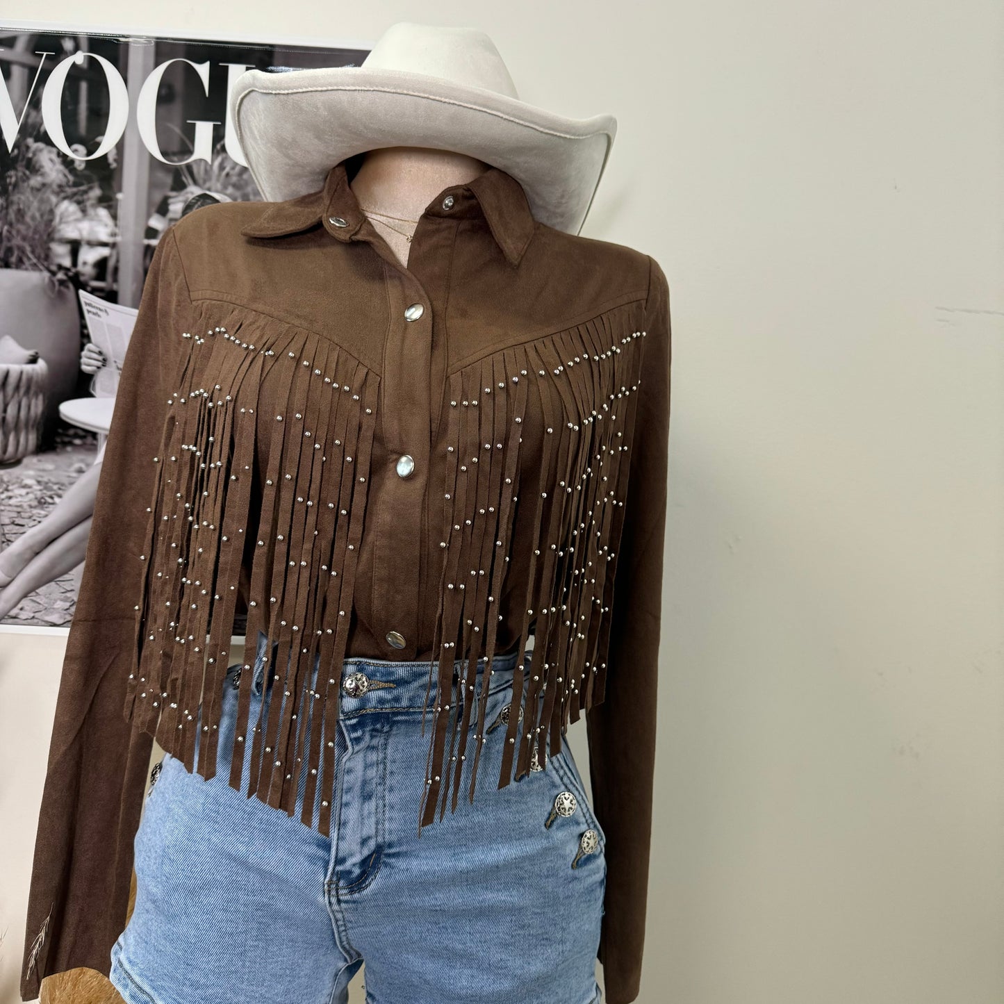Suede Stud Fringe Shirt-Brown