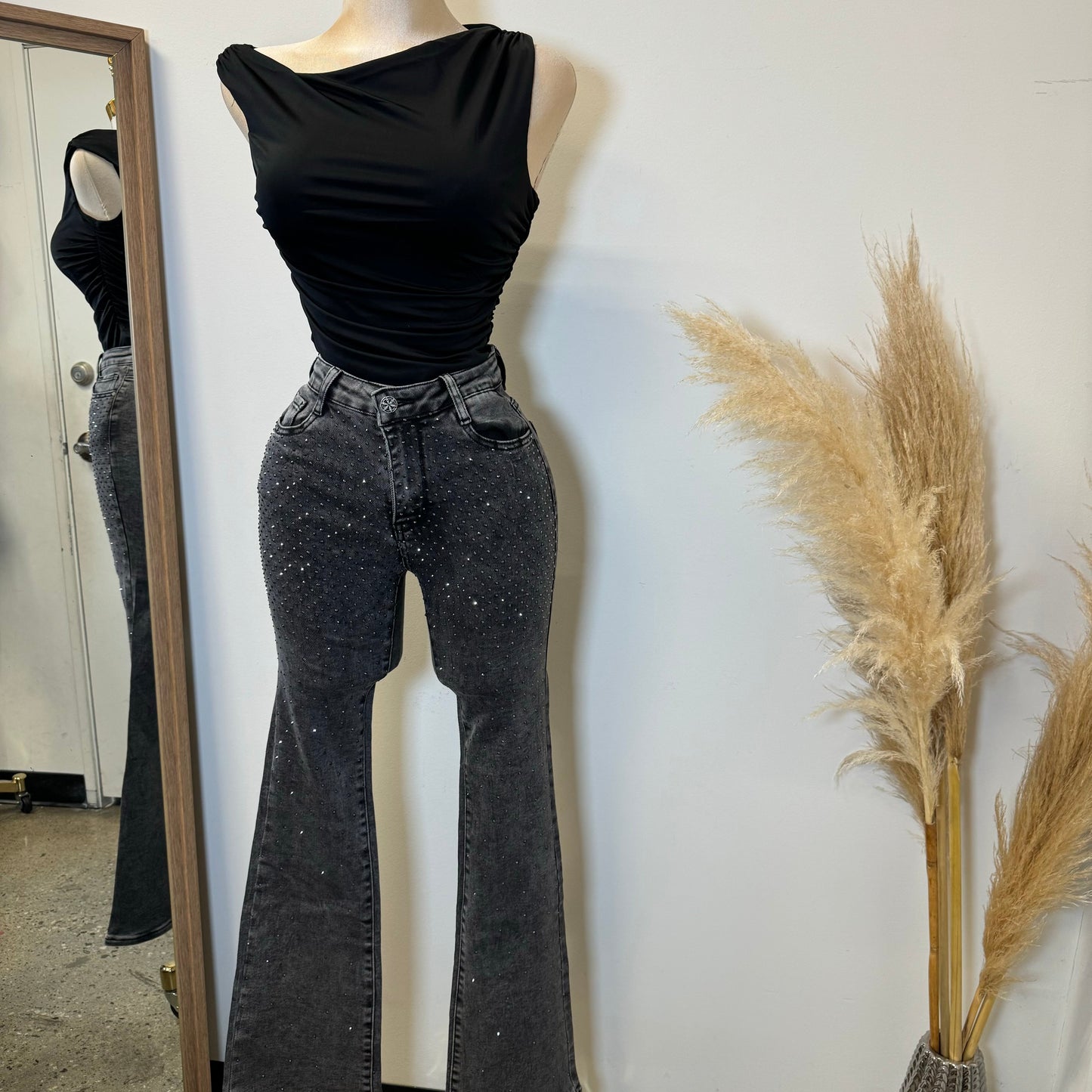 Rhinestone Flare Jeans- Grey