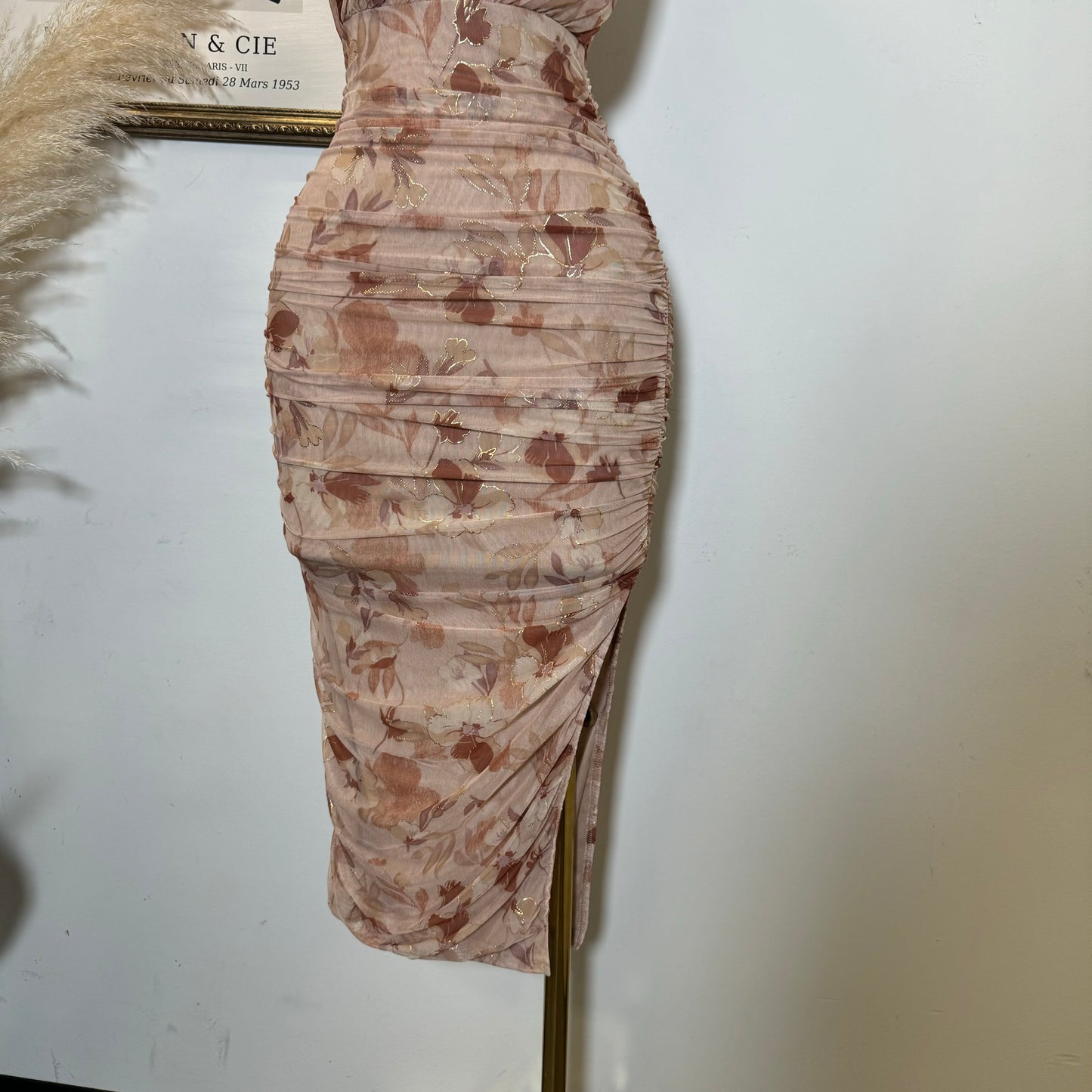 Metallic Mesh Print Tube Neck Line With spaghetti Straps-Rose