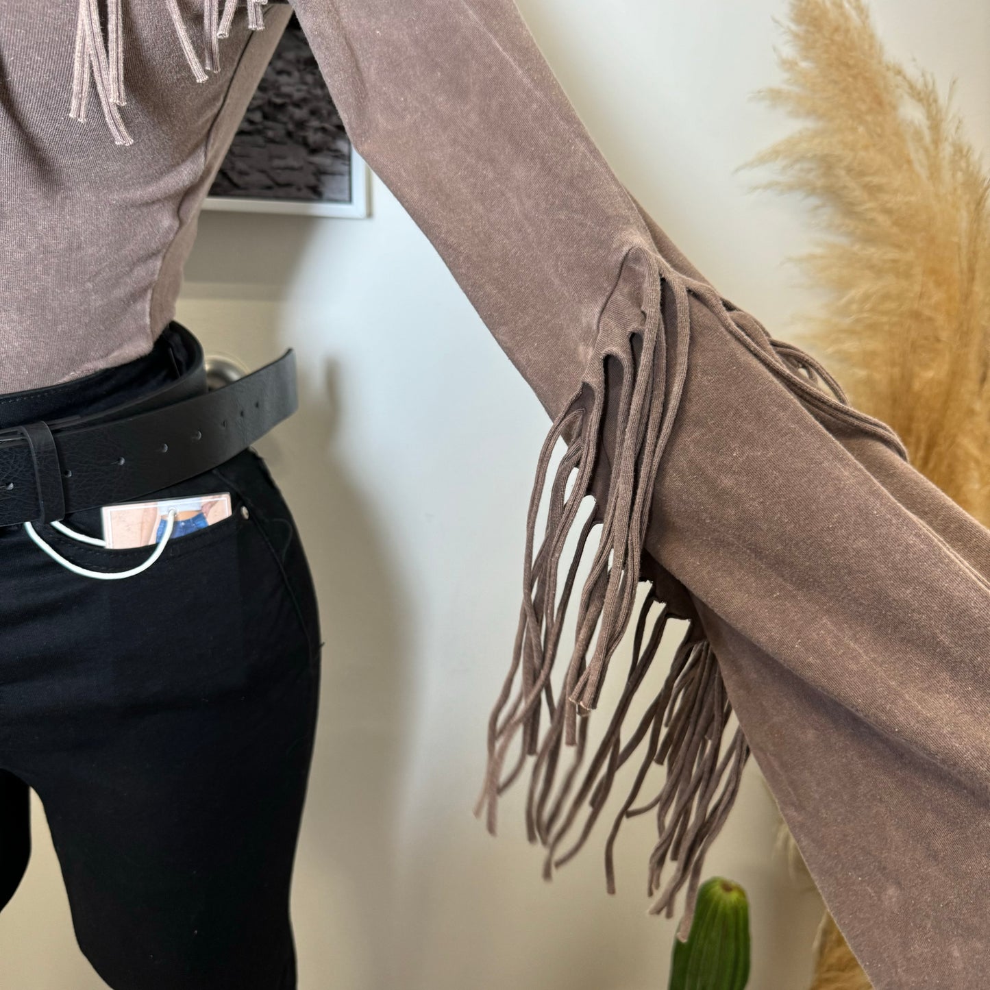 One Shoulder Fringe Top-Brown