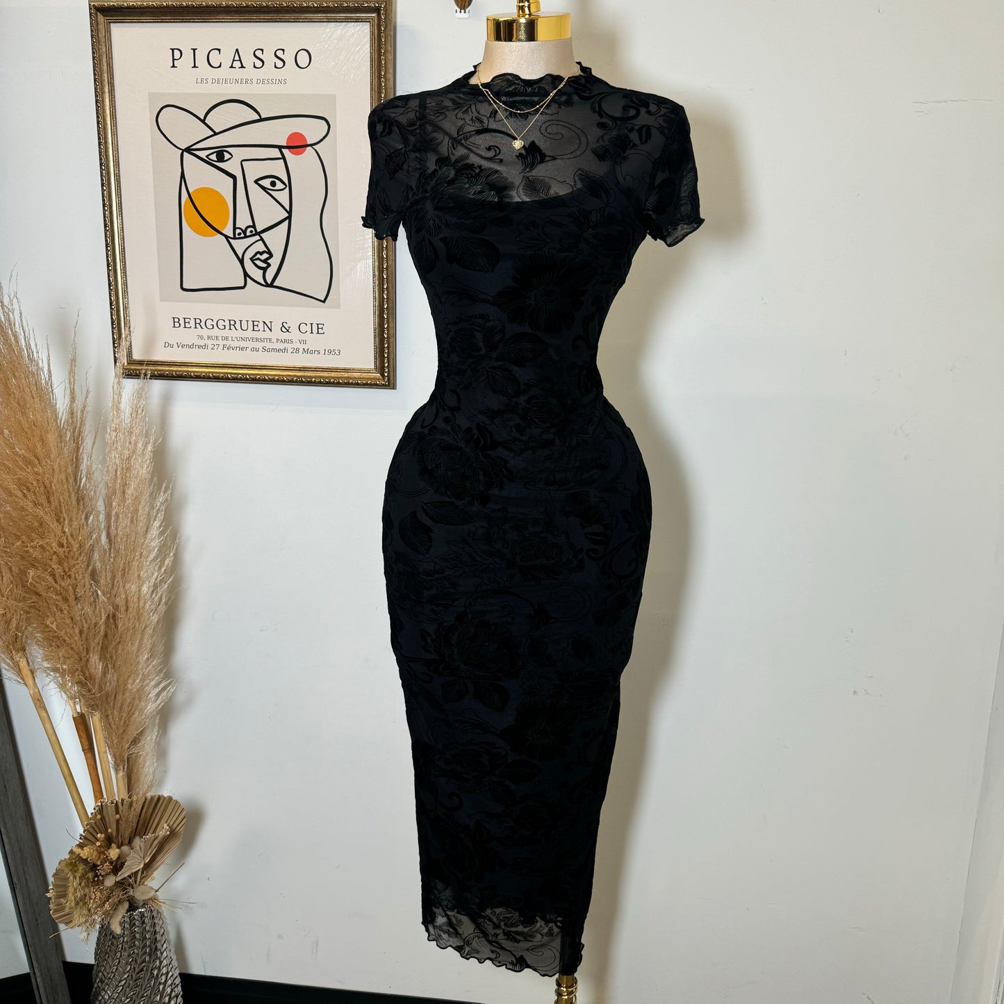 Luxi Mesh Flower Print Dress-Black1