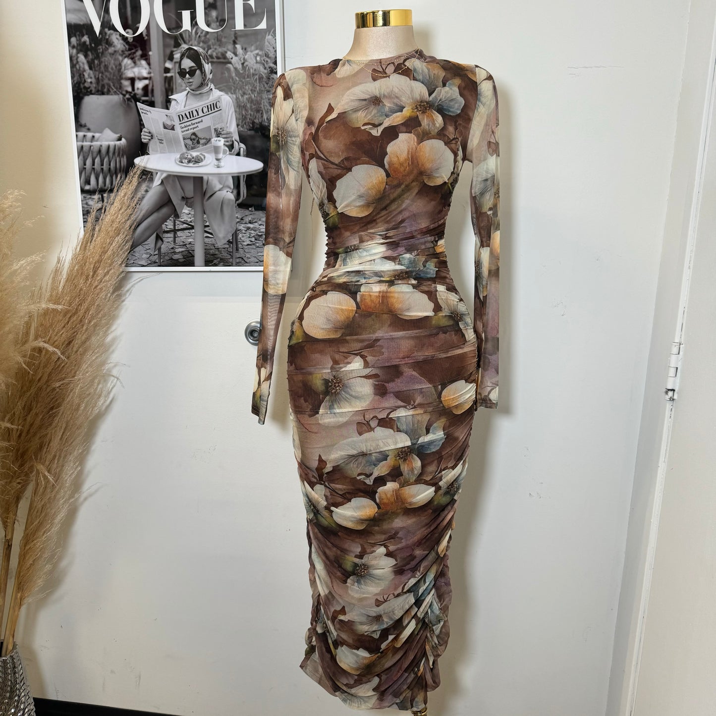 Long Sleeve Mesh Dress-Olive1