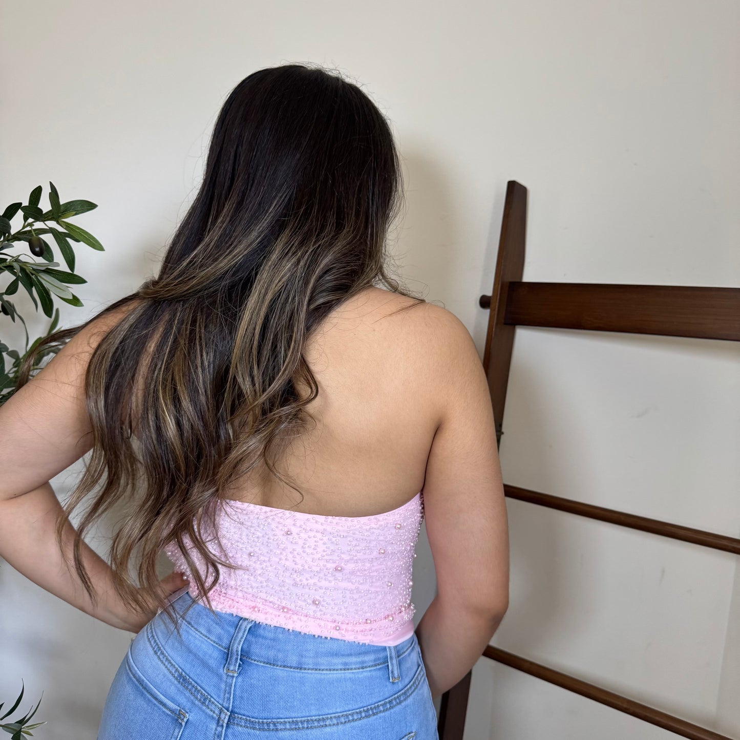 Cowl beaded Halter Top-Pink