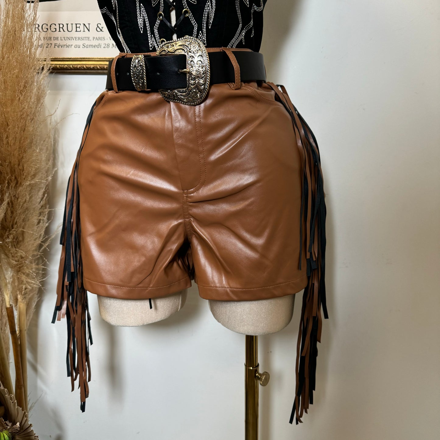 Leather Fringe Shorts-Camel