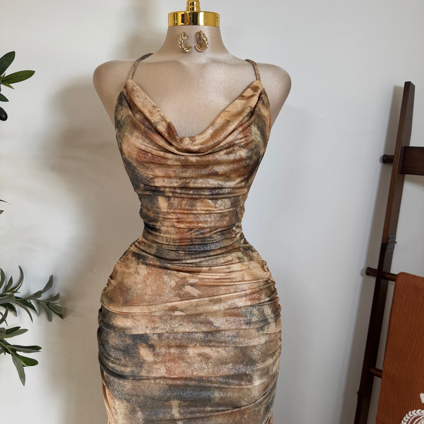 Deep Plunge Halter Neck Ruched A-Line Midi Dress-Brown Gold Multi