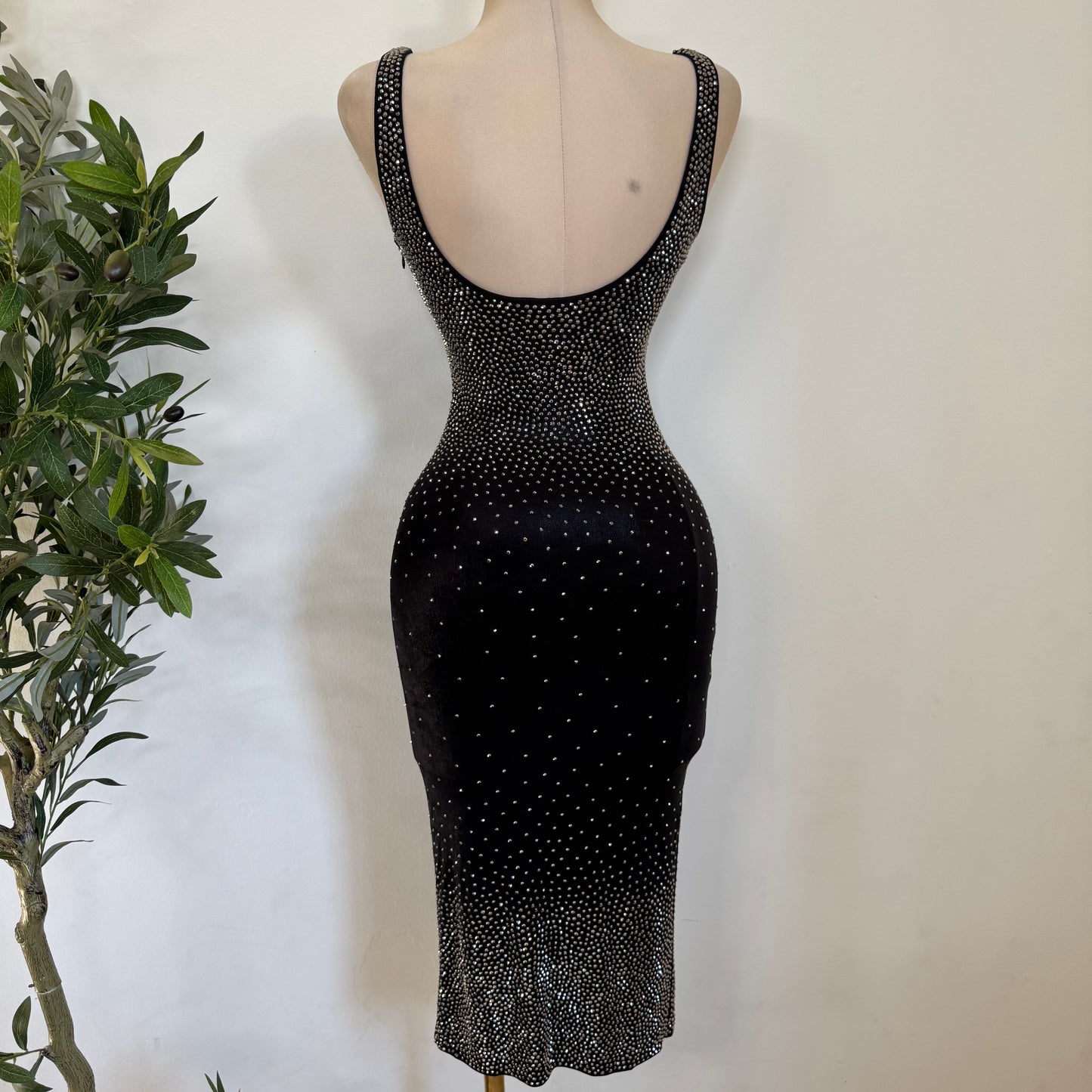 Rhinestone Midi Dress Square Neck Sleeveless-Black
