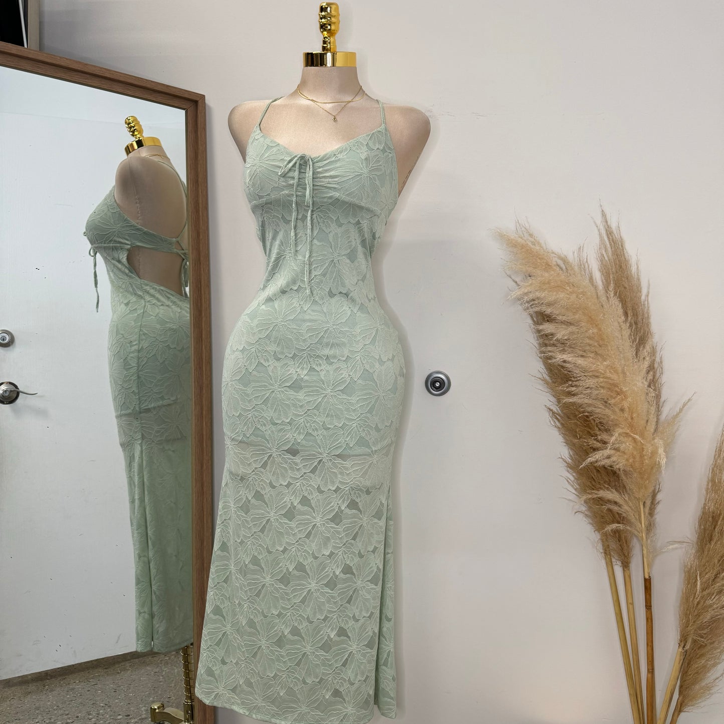 Tie Front Open Back Maxi Dress -Sage Green