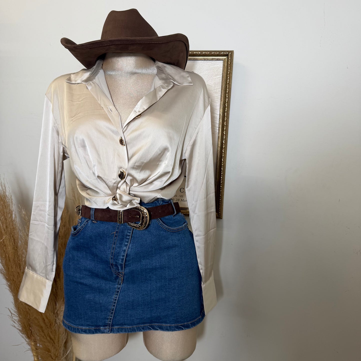 Long sleeve Satin button-Up top-Champagne