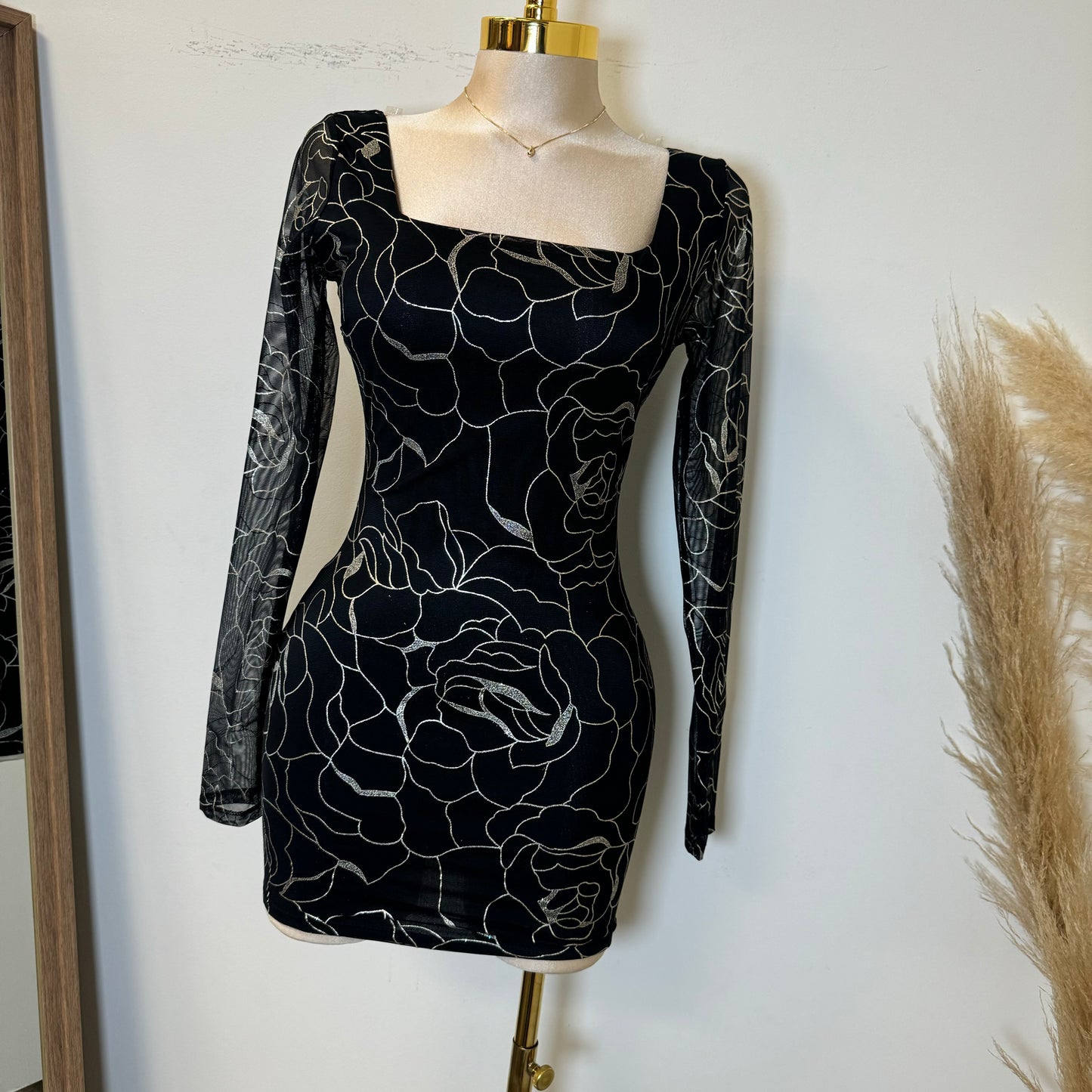 Zuleyna Metallic Foiled Mesh Dress-Black