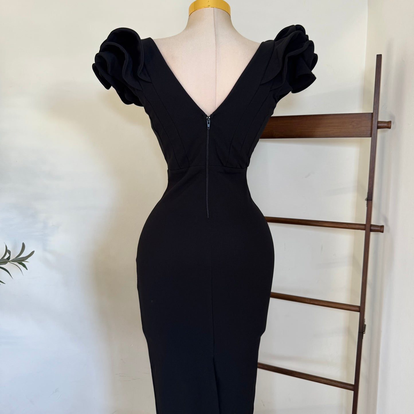 Ruffle Detail Shoulder Midi Dress-Black