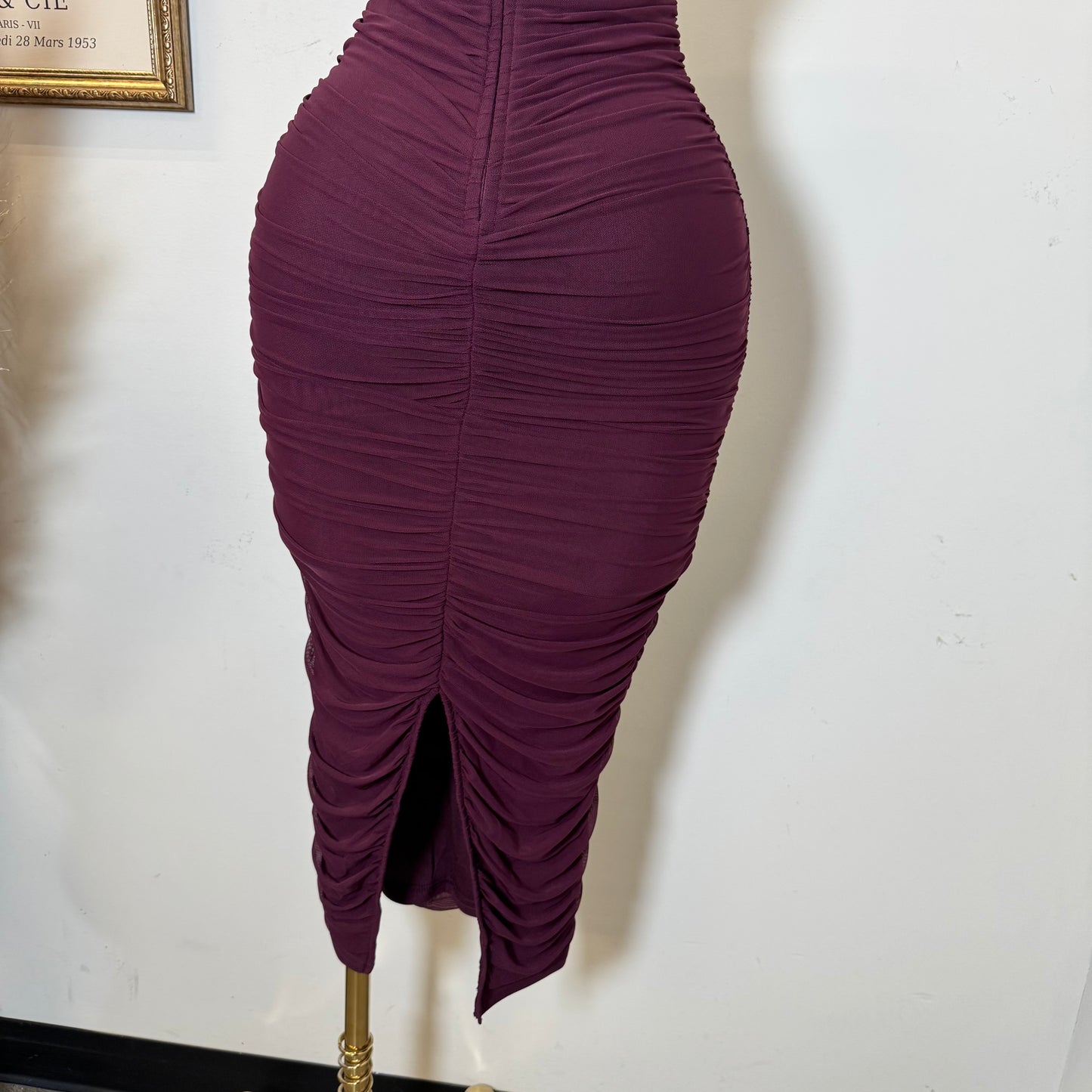 Halter Neck Trim Inset Ruched Bodycon Midi Dress-Plum