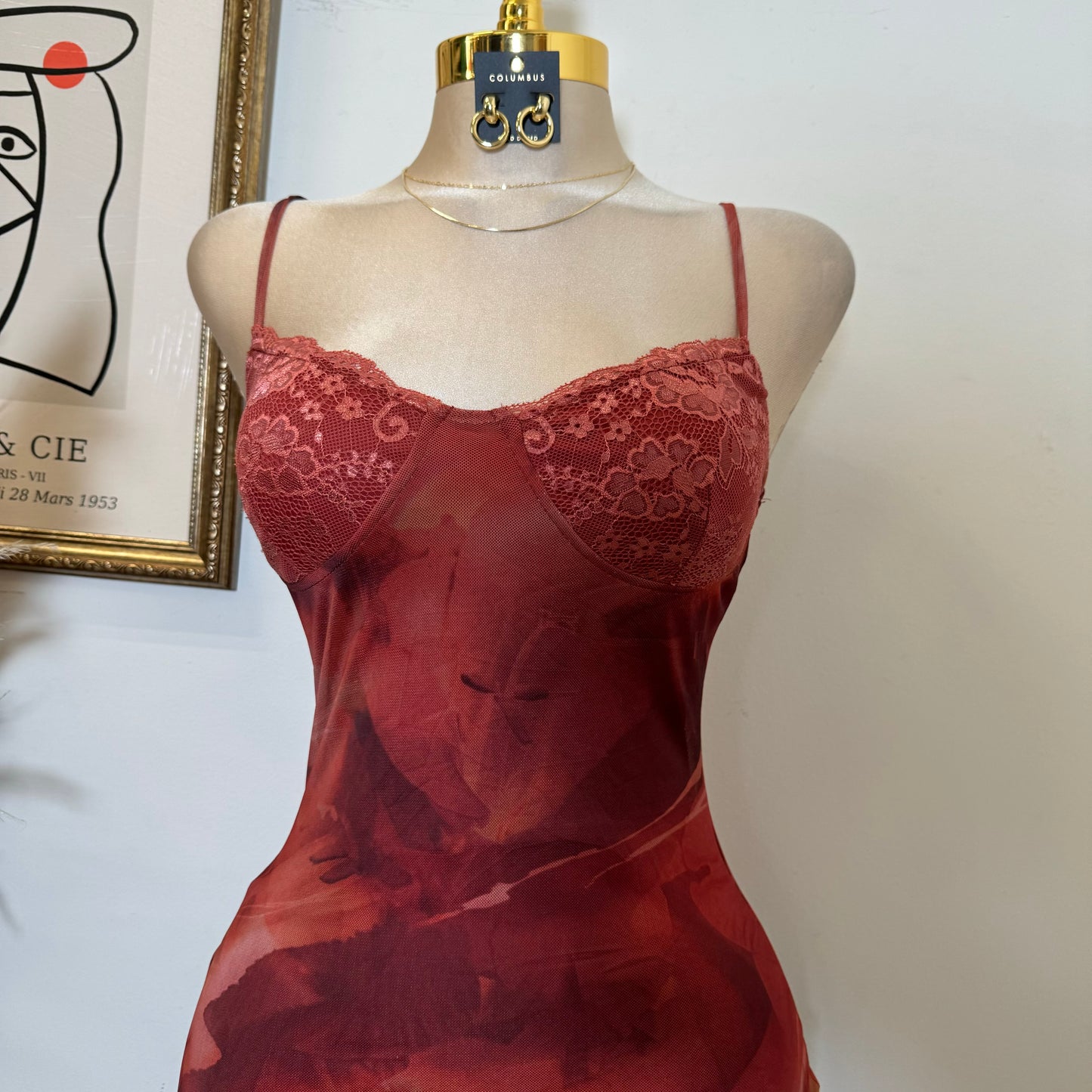 Mesh Spaghetti Dress-Multi Red