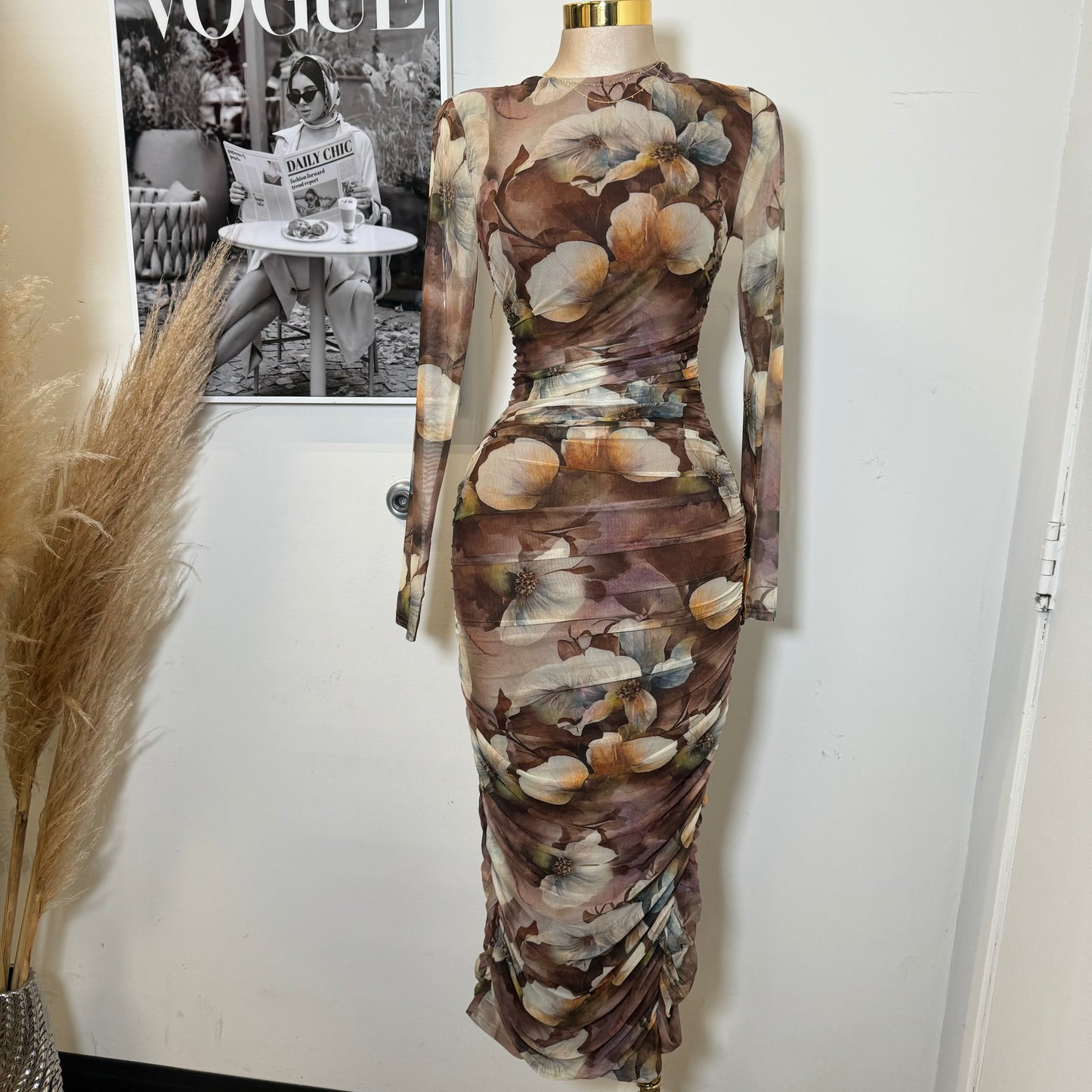 Long Sleeve Mesh Dress-Olive1