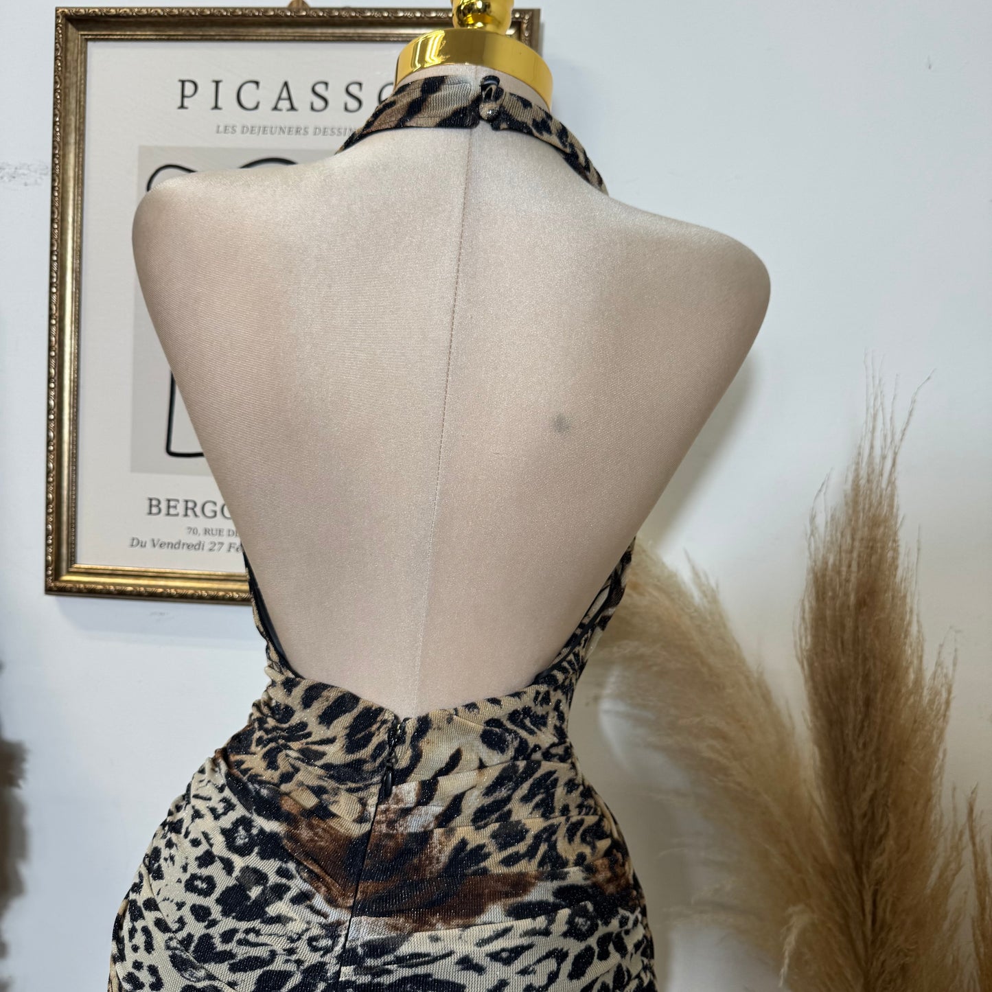 Deep Plunge Halter Cowl Neck Tiger Print a-Line Midi Dress-Brown/Black