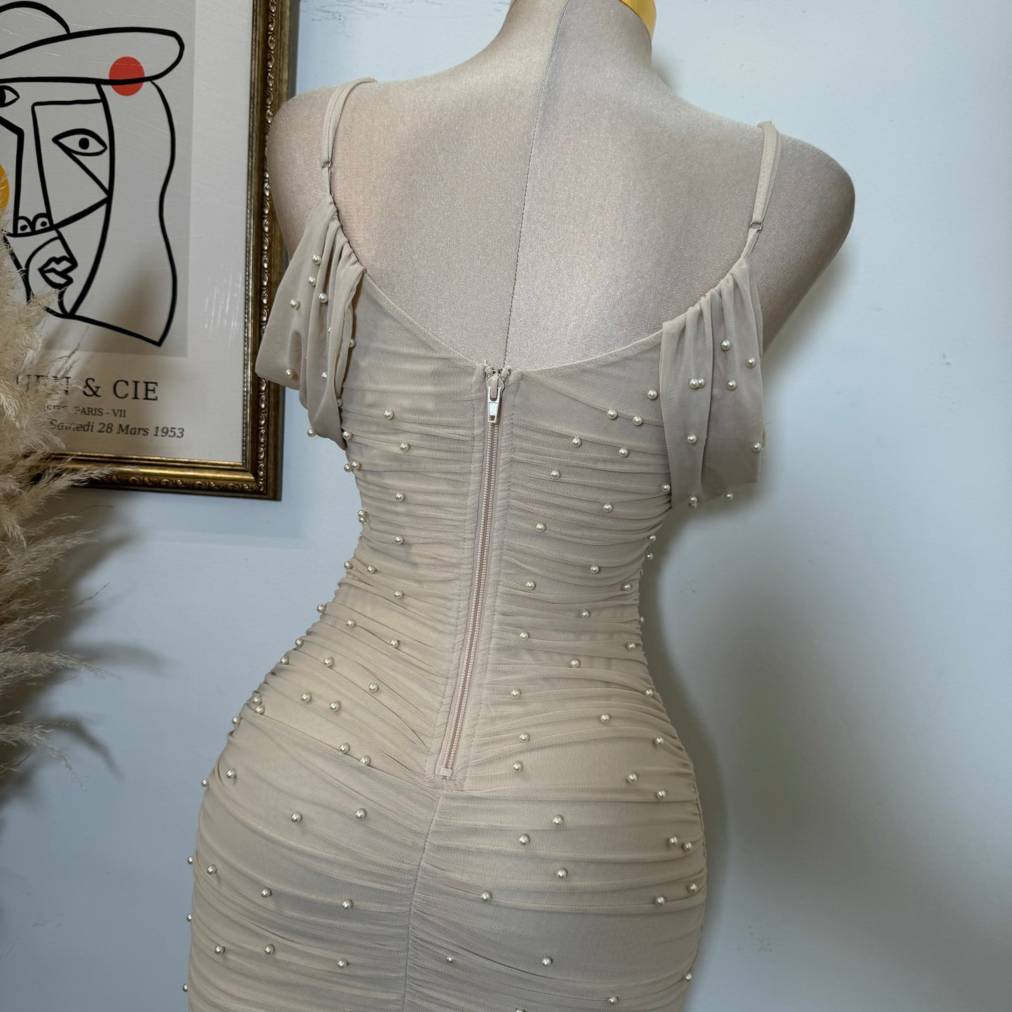 Aria Pearl Midi Dress- Beige