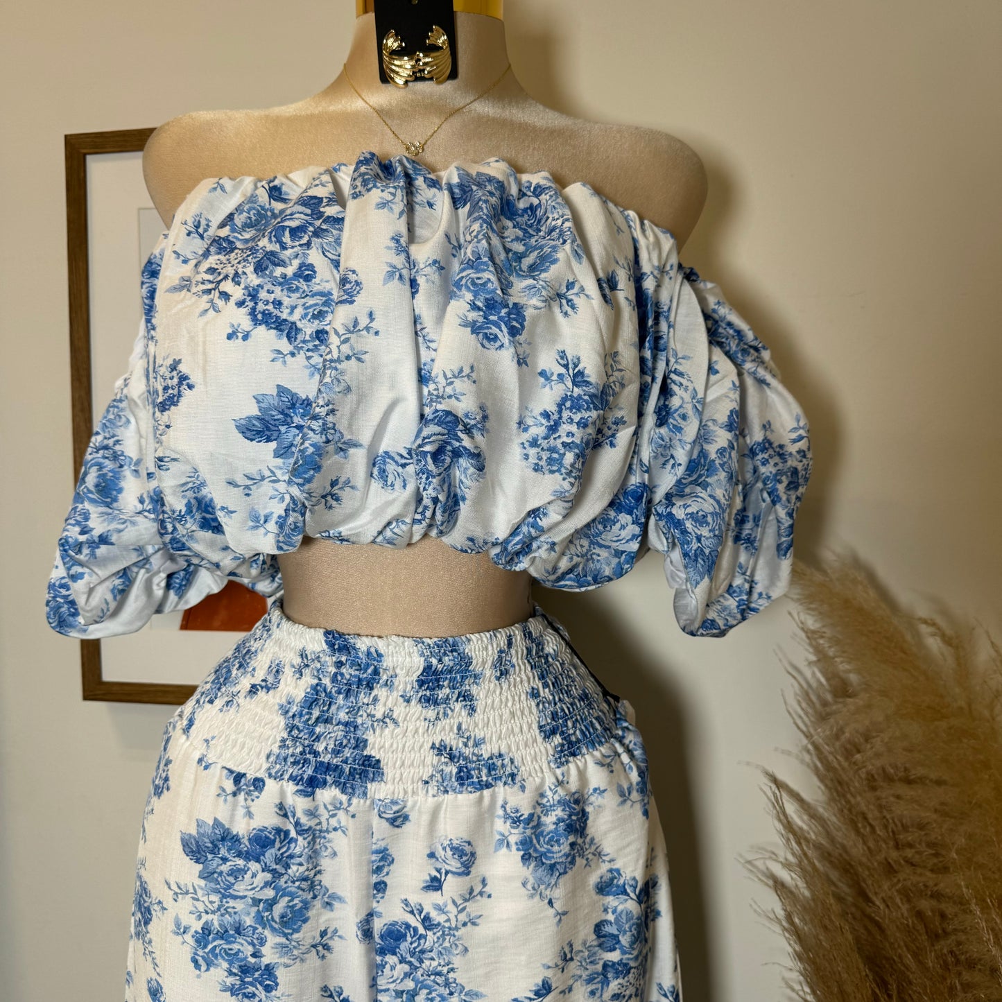 Off Shoulder Floral Top and Pant-Blue/White