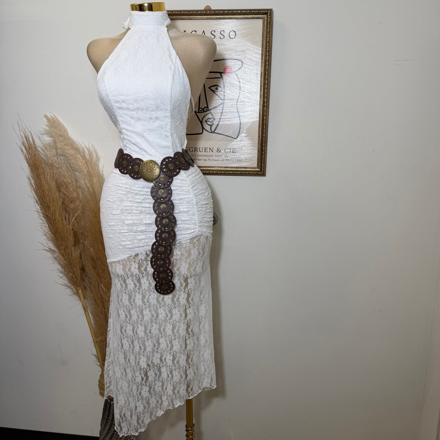 Lace Ruched Halter Maxi Dress-Ivory