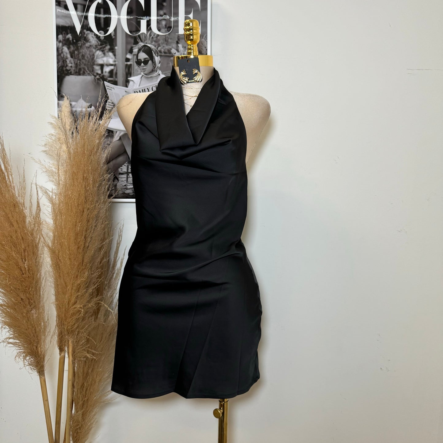 Santa Silky Halter Dress-Black