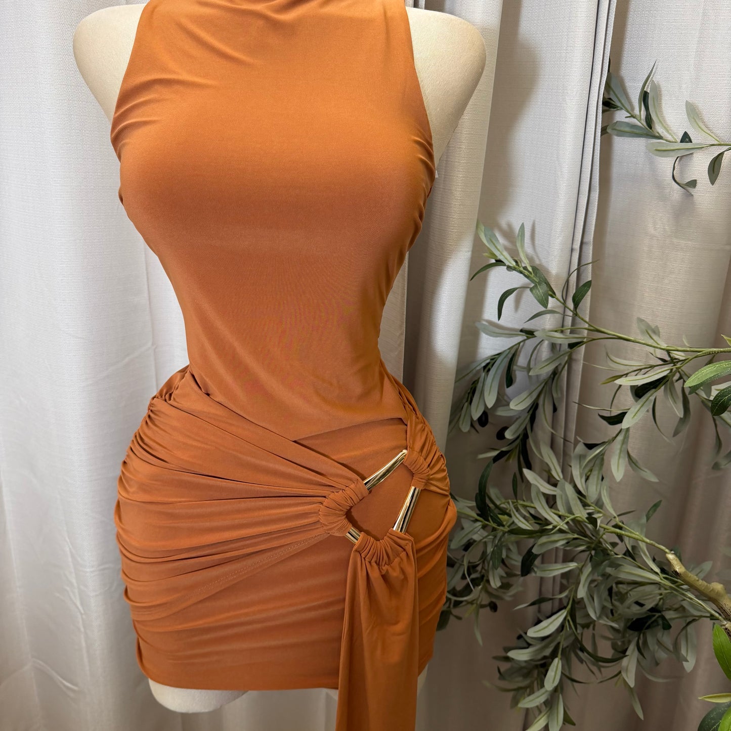 Mock Neck Front Sash With Trim Detail Mini Dress-Rust/Mocha