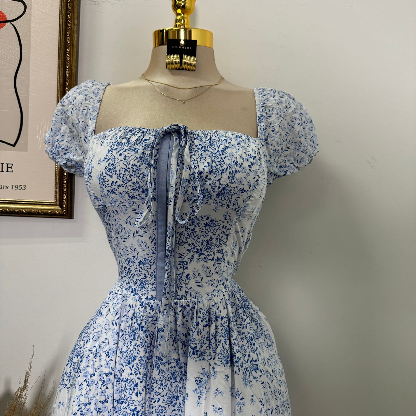 Square Neck Floral Corset Dress-Blue