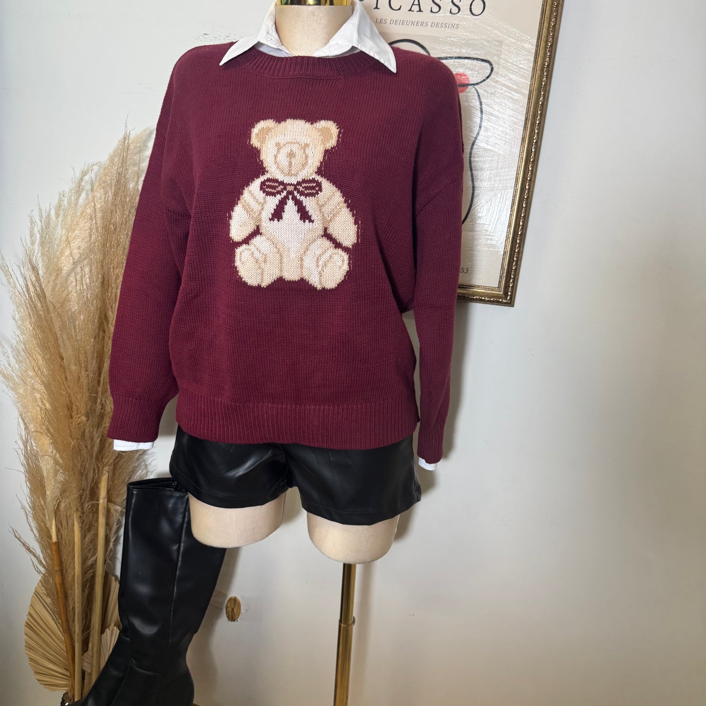 Teddy Jacquard Crew Neck Knit Pullover Sweater-Burgundy