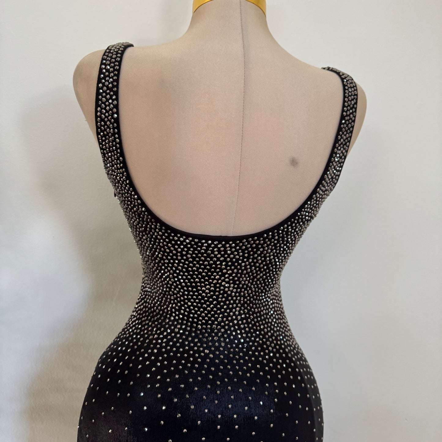 Rhinestone Midi Dress Square Neck Sleeveless-Black