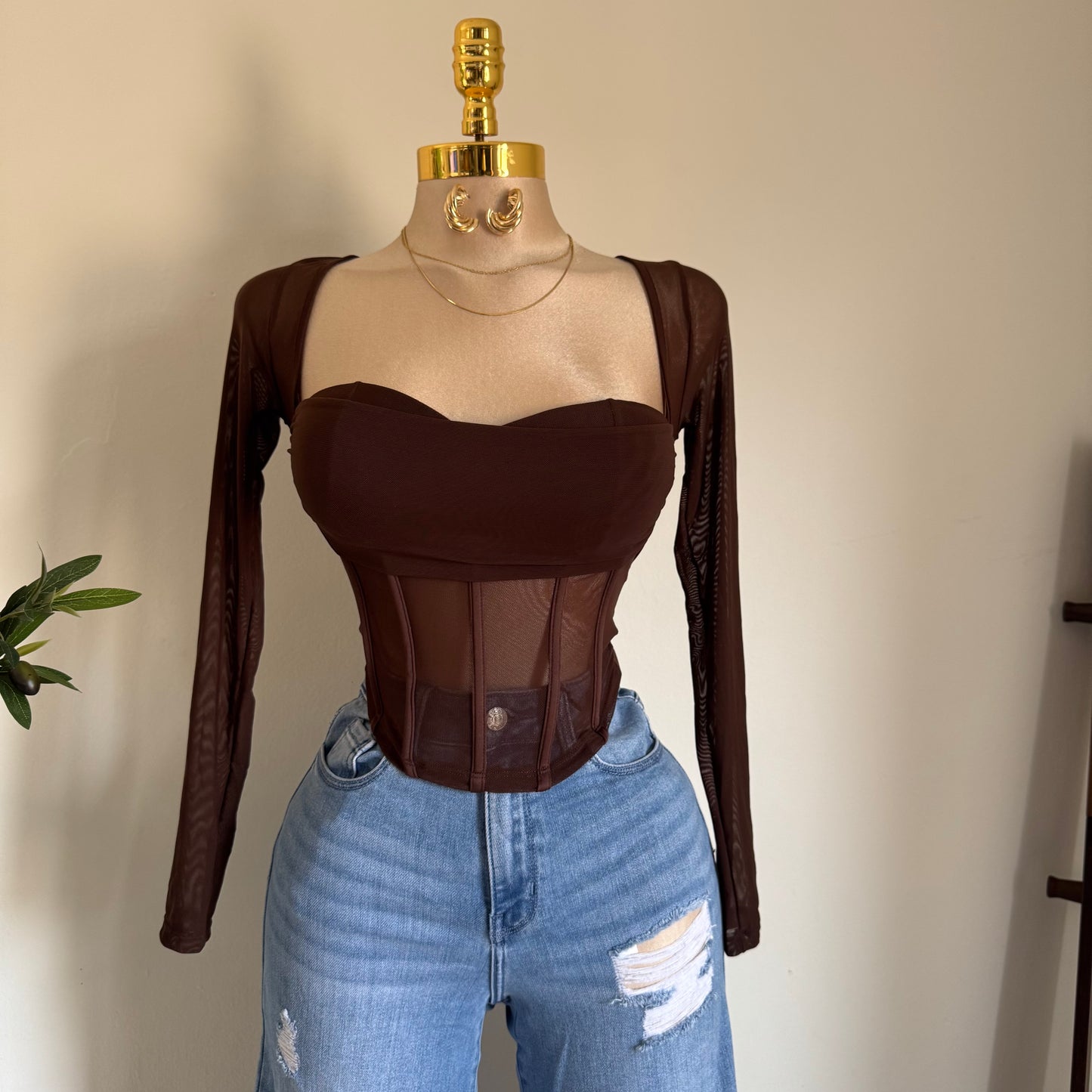 Mesh Long Sleeve Top-Chocolate