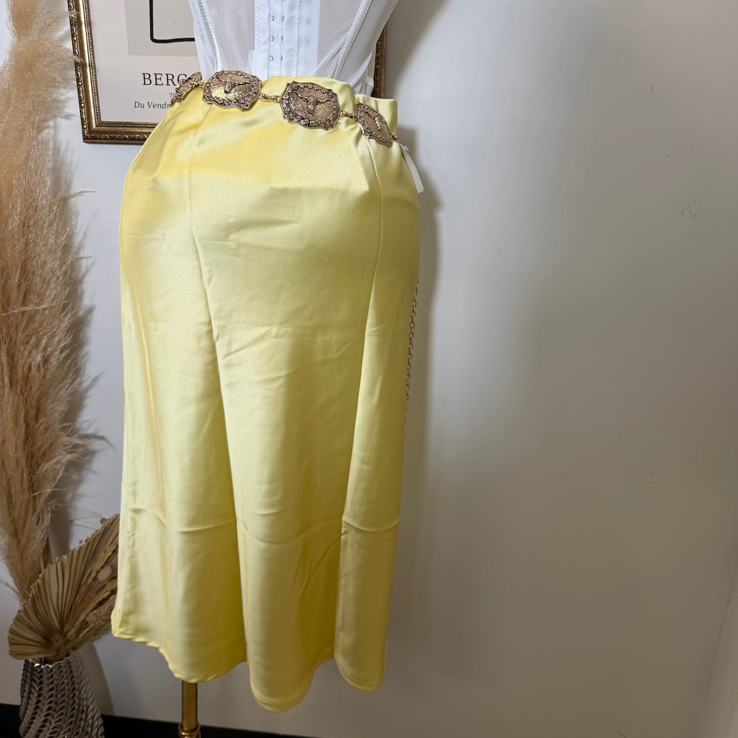 Satin Midi Skirt-Butter Yellow