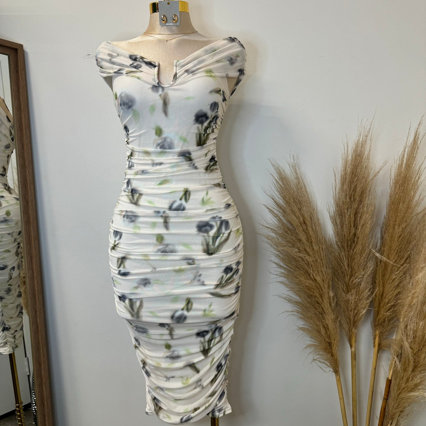 Spring Off shoulder Dress-Cream Multi