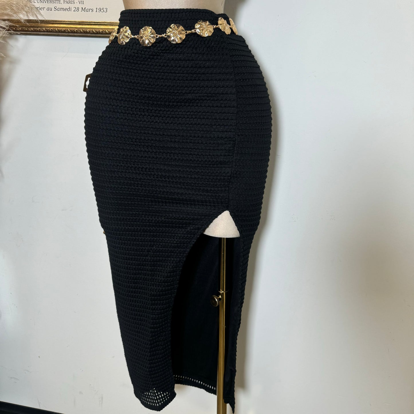 Fishnet Textured Knit Bow Tie Tube Top & Skirt Set-Black