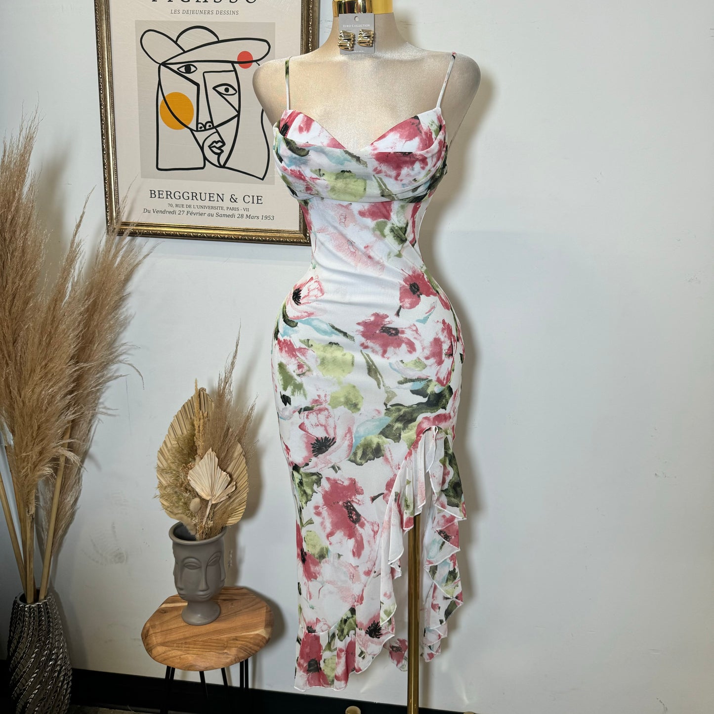 Mixie Mesh Open Slit Dress-Flower Print