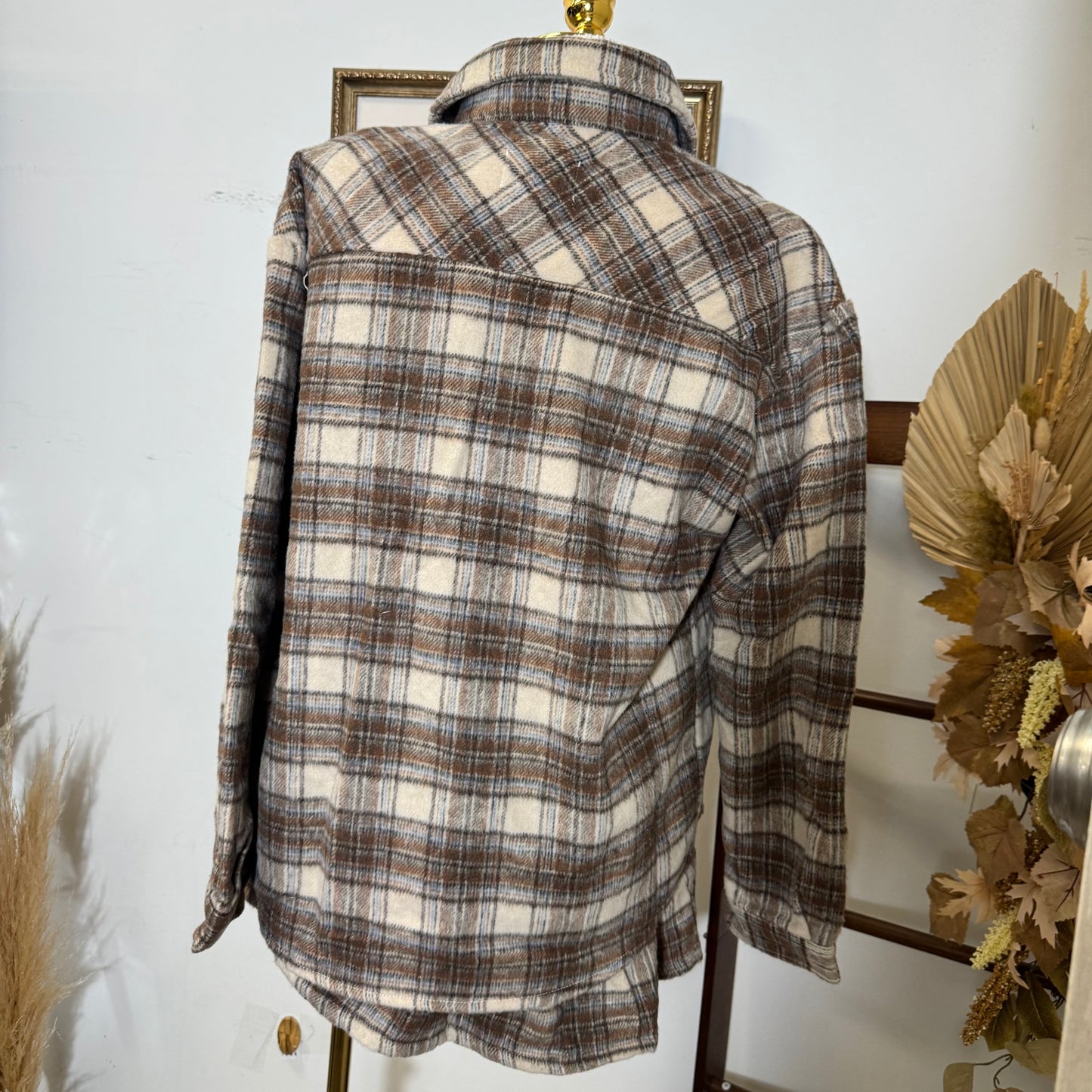 Long Sleeve Wool Blend Plaid Button Down Casual Jacket-Taupe