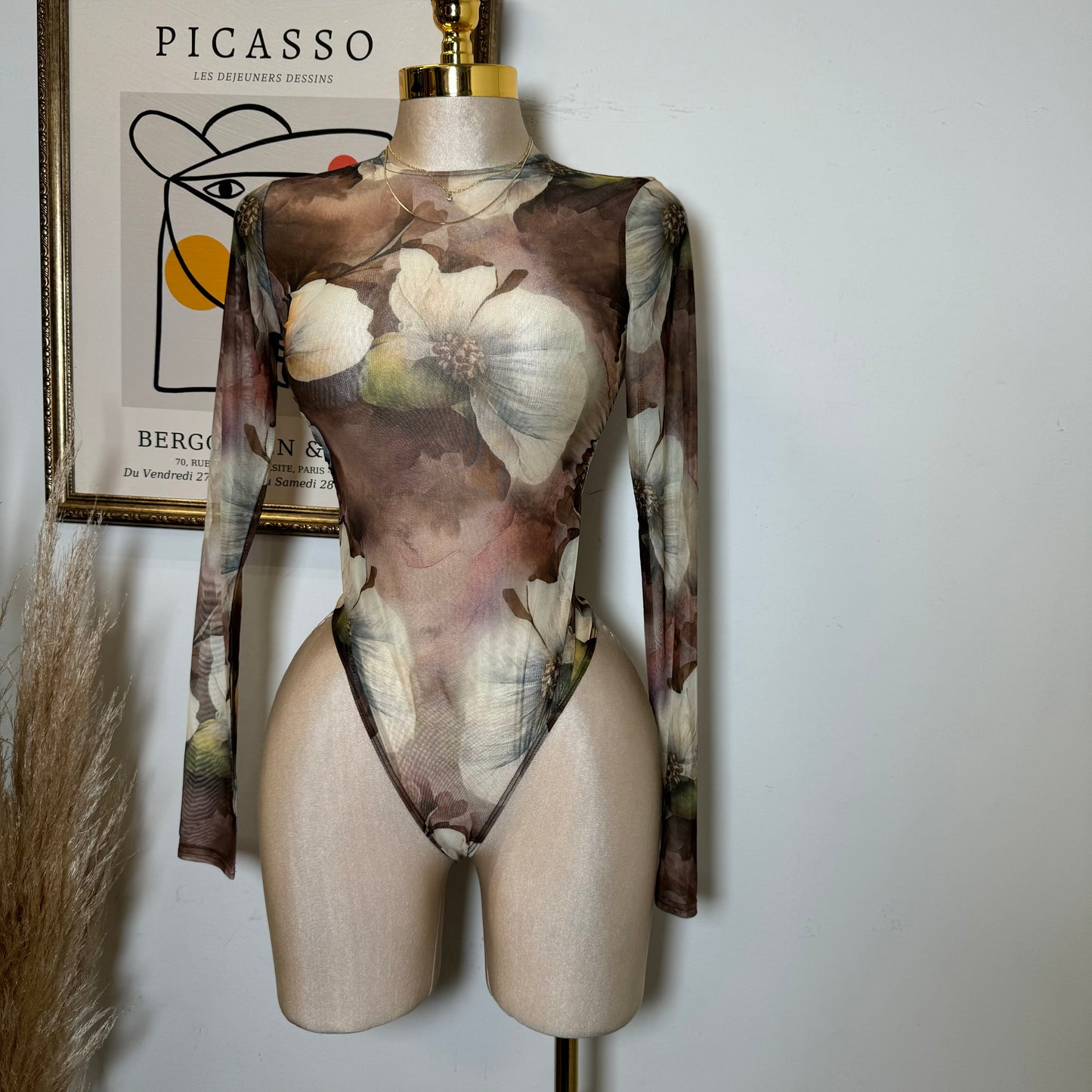 Mesh Print Round Neck Long Sleeve Bodysuit-Taupe Multi