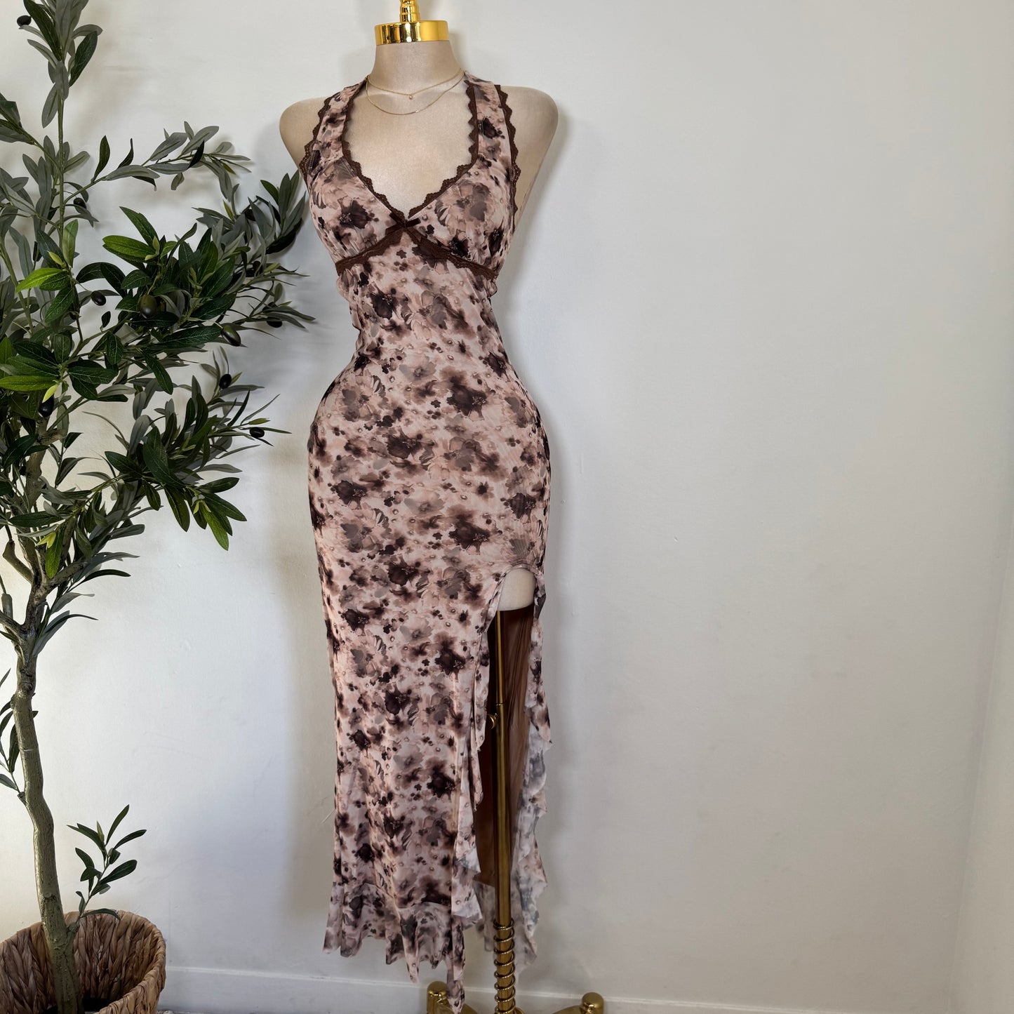 Halter Open Slit Dress-Brown