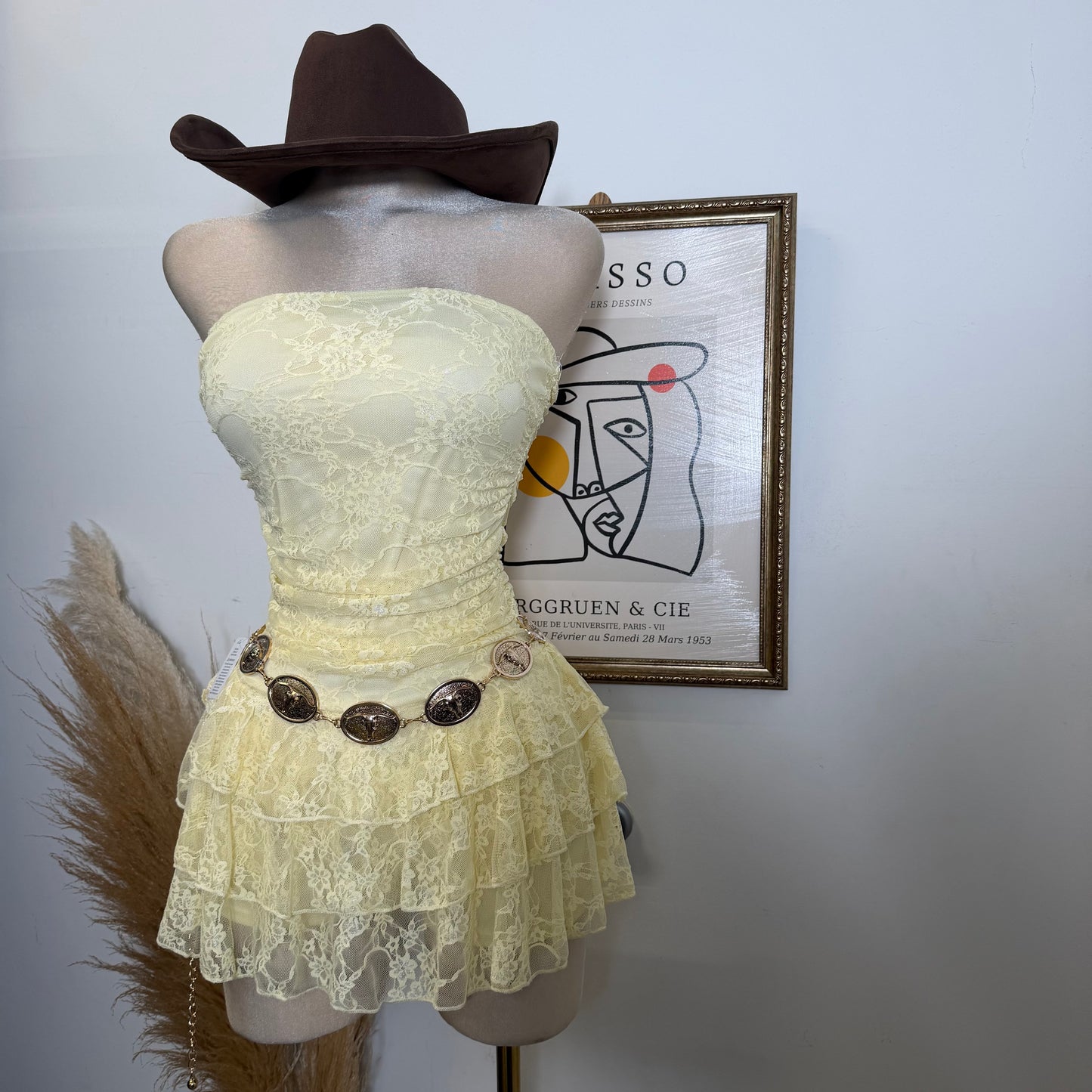 Floral Lace Ruched Triple-Layer Mini Dress-yellow