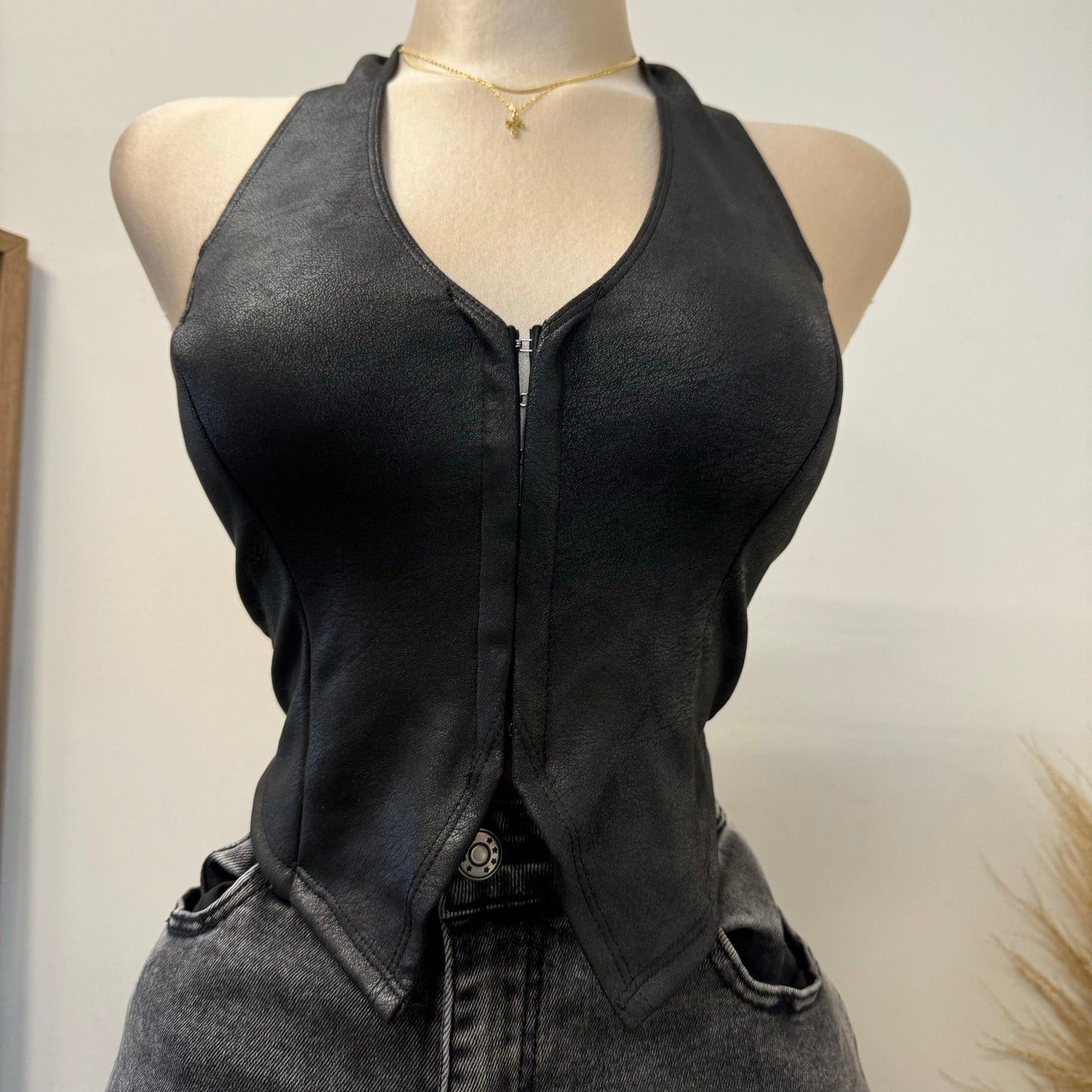 Suede Halter Crop Top Leather- Black
