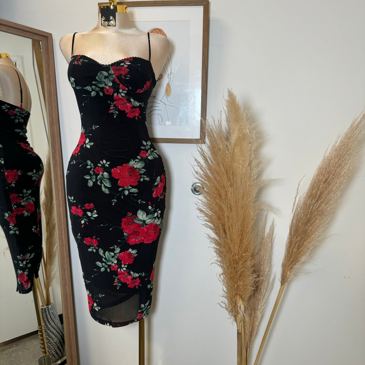 Rose Mesh Spaghetti Dress-Black/Red