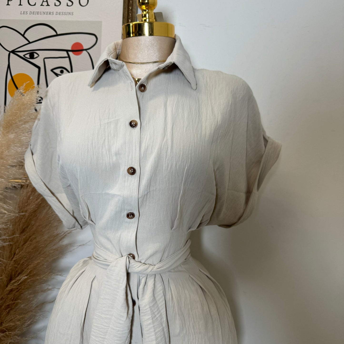 Crinkle Textured Dolman Sleeve Shirt Belted Romper -Cream