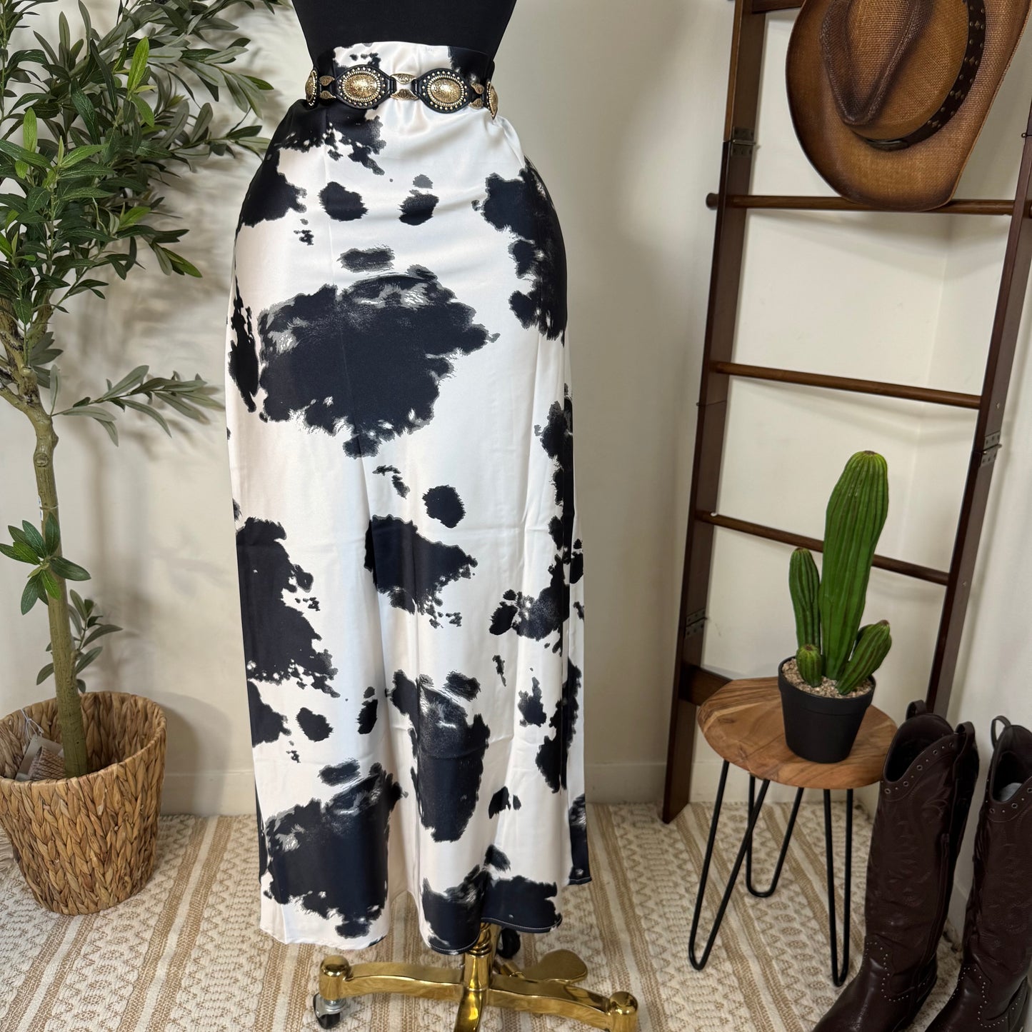 Cow Print Satin Maxi Skirt-Black