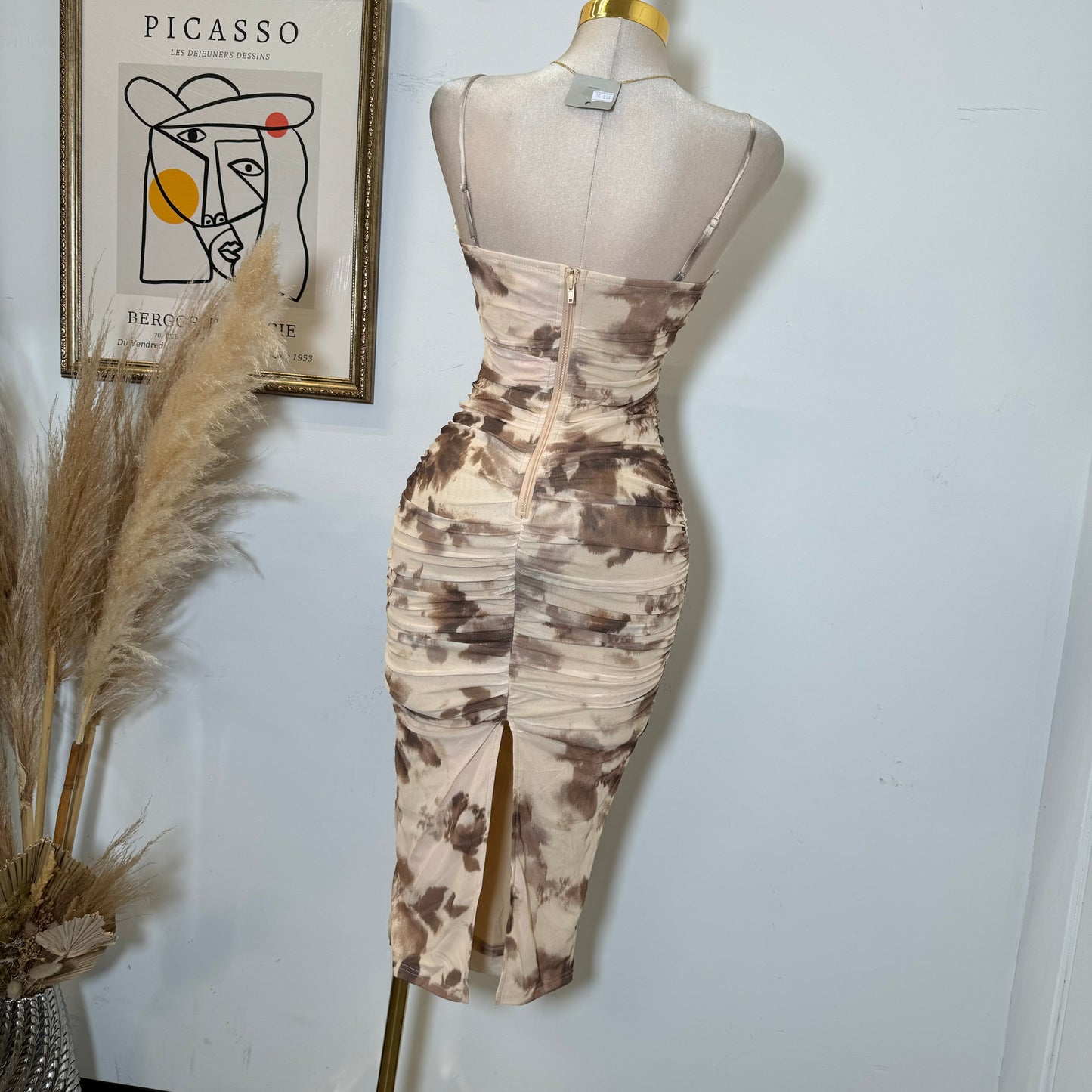 Mesh Print Midi Dress-Brown